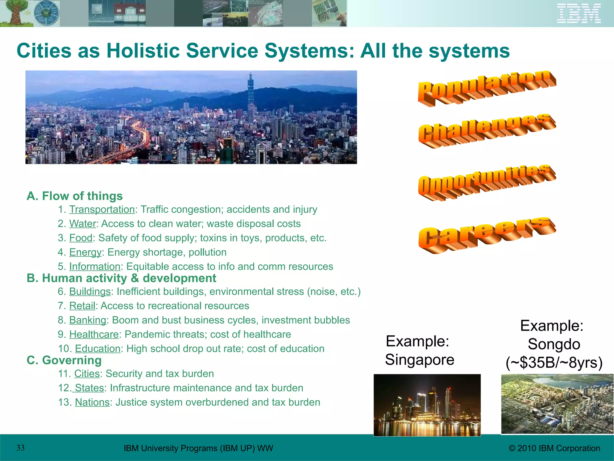 A. Flow of things 1.  Transportation : Traffic congestion; accidents and injury 2.  Water : Access to clean water; waste disposal costs 3.  Food : Safety of food supply; toxins in toys, products, etc. 4.  Energy : Energy shortage, pollution 5.  Information : Equitable access to info and comm resources B. Human activity & development 6.  Buildings : Inefficient buildings, environmental stress (noise, etc.) 7.  Retail : Access to recreational resources 8.  Banking : Boom and bust business cycles, investment bubbles 9.  Healthcare : Pandemic threats; cost of healthcare 10.  Education : High school drop out rate; cost of education C. Governing 11.  Cities : Security and tax burden 12.  States : Infrastructure maintenance and tax burden 13.  Nations : Justice system overburdened and tax burden Cities as Holistic Service Systems: All the systems Example:  Singapore Example:  Songdo (~$35B/~8yrs) Population Challenges Careers Opportunities 