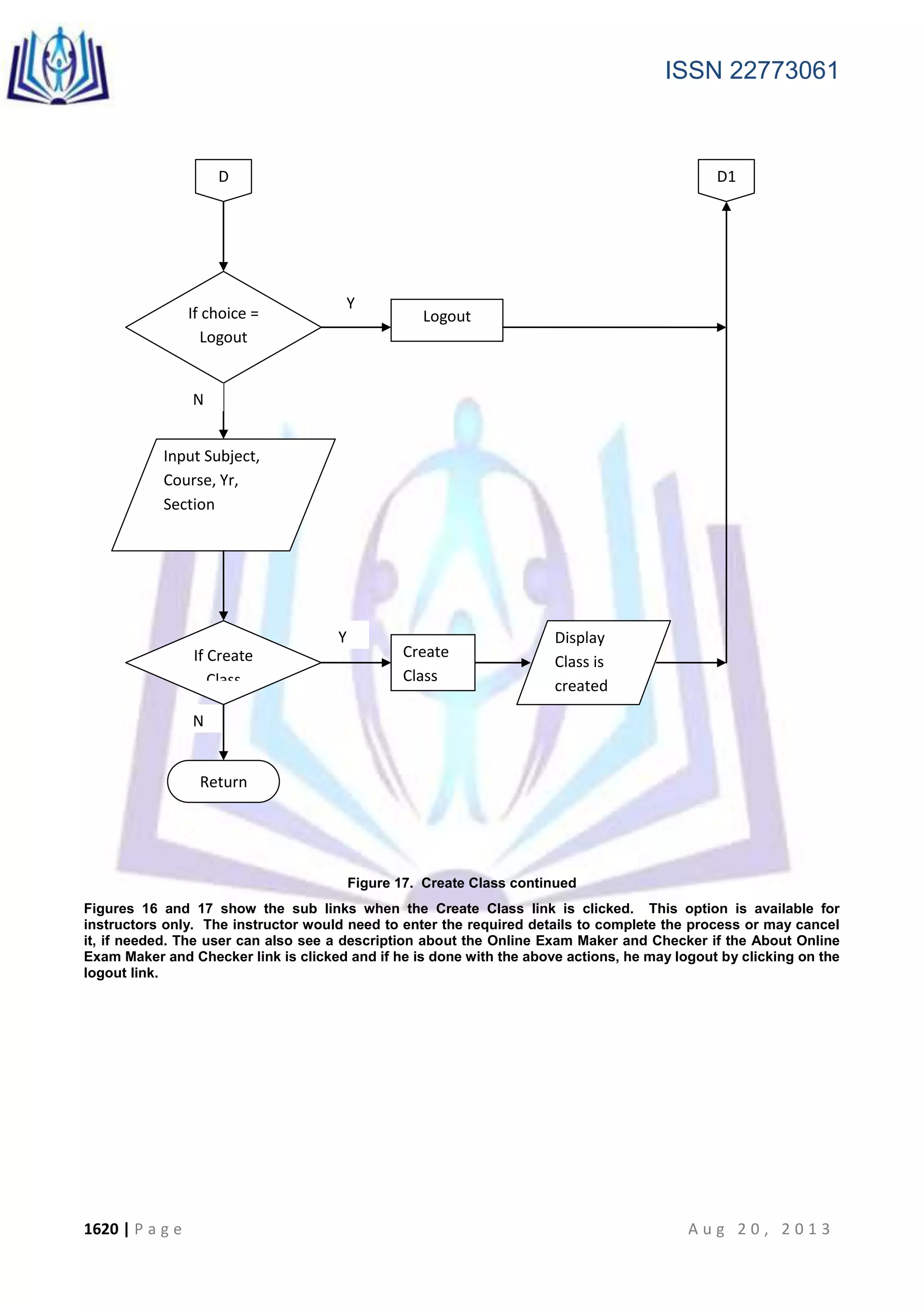 ISSN 22773061
1620 | P a g e A u g 2 0 , 2 0 1 3
Figure 17. Create Class continued
Figures 16 and 17 show the sub links when the Create Class link is clicked. This option is available for
instructors only. The instructor would need to enter the required details to complete the process or may cancel
it, if needed. The user can also see a description about the Online Exam Maker and Checker if the About Online
Exam Maker and Checker link is clicked and if he is done with the above actions, he may logout by clicking on the
logout link.
If choice =
Logout
Return
Logout
Input Subject,
Course, Yr,
Section
Y
N
N
D D1
If Create
Class
Y Display
Class is
created
Create
Class
 