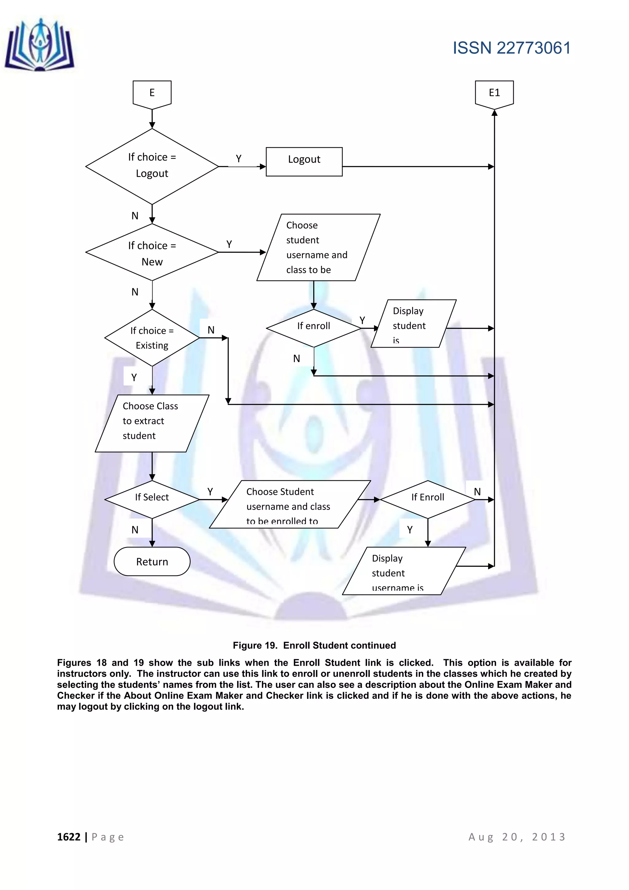 ISSN 22773061
1622 | P a g e A u g 2 0 , 2 0 1 3
Figure 19. Enroll Student continued
Figures 18 and 19 show the sub links when the Enroll Student link is clicked. This option is available for
instructors only. The instructor can use this link to enroll or unenroll students in the classes which he created by
selecting the students’ names from the list. The user can also see a description about the Online Exam Maker and
Checker if the About Online Exam Maker and Checker link is clicked and if he is done with the above actions, he
may logout by clicking on the logout link.
N
Y
N
If choice =
Logout
LogoutY
E E1
If choice =
New
Return
N
Choose
student
username and
class to be
enrolled to
YIf enroll
N
Display
student
is
enrolled
NIf choice =
Existing
Y
Choose Class
to extract
student
username
YIf Select
N
Choose Student
username and class
to be enrolled to
If Enroll
Y
Display
student
username is
enrolled
 