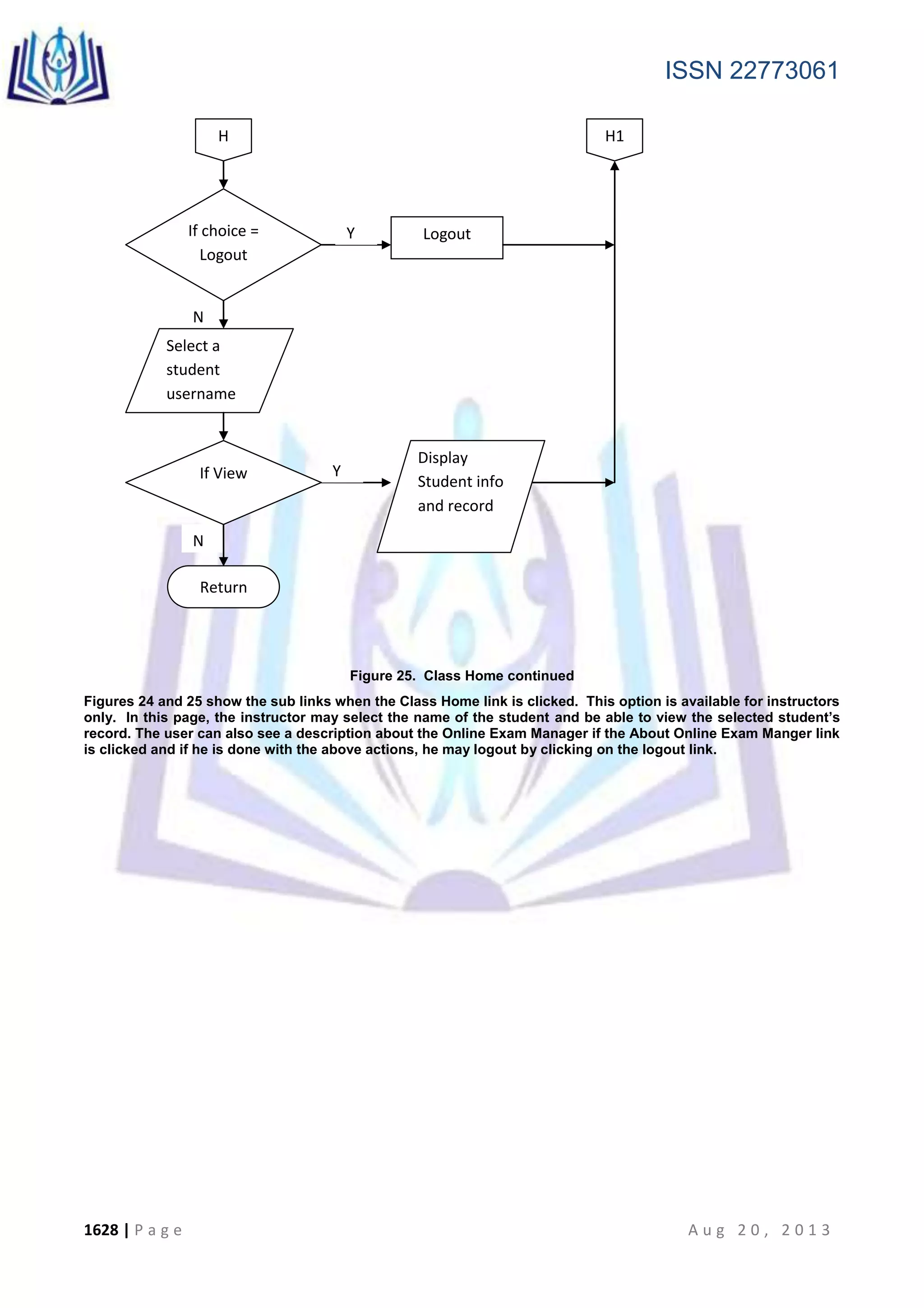 ISSN 22773061
1628 | P a g e A u g 2 0 , 2 0 1 3
Figure 25. Class Home continued
Figures 24 and 25 show the sub links when the Class Home link is clicked. This option is available for instructors
only. In this page, the instructor may select the name of the student and be able to view the selected student’s
record. The user can also see a description about the Online Exam Manager if the About Online Exam Manger link
is clicked and if he is done with the above actions, he may logout by clicking on the logout link.
N
If choice =
Logout
LogoutY
H H1
Y
N
If View
Return
Select a
student
username
Display
Student info
and record
 