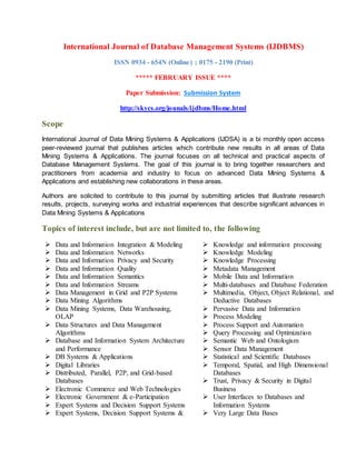 International Journal of Database Management Systems (IJDBMS)
ISSN 0934 - 654N (Online) ; 0175 - 2190 (Print)
***** FEBRUARY ISSUE ****
Paper Submission: Submission System
http://skycs.org/jounals/ijdbms/Home.html
Scope
International Journal of Data Mining Systems & Applications (IJDSA) is a bi monthly open access
peer-reviewed journal that publishes articles which contribute new results in all areas of Data
Mining Systems & Applications. The journal focuses on all technical and practical aspects of
Database Management Systems. The goal of this journal is to bring together researchers and
practitioners from academia and industry to focus on advanced Data Mining Systems &
Applications and establishing new collaborations in these areas.
Authors are solicited to contribute to this journal by submitting articles that illustrate research
results, projects, surveying works and industrial experiences that describe significant advances in
Data Mining Systems & Applications
Topics of interest include, but are not limited to, the following
 Data and Information Integration & Modeling
 Data and Information Networks
 Data and Information Privacy and Security
 Data and Information Quality
 Data and Information Semantics
 Data and Information Streams
 Data Management in Grid and P2P Systems
 Data Mining Algorithms
 Data Mining Systems, Data Warehousing,
OLAP
 Data Structures and Data Management
Algorithms
 Database and Information System Architecture
and Performance
 DB Systems & Applications
 Digital Libraries
 Distributed, Parallel, P2P, and Grid-based
Databases
 Electronic Commerce and Web Technologies
 Electronic Government & e-Participation
 Expert Systems and Decision Support Systems
 Expert Systems, Decision Support Systems &
 Knowledge and information processing
 Knowledge Modeling
 Knowledge Processing
 Metadata Management
 Mobile Data and Information
 Multi-databases and Database Federation
 Multimedia, Object, Object Relational, and
Deductive Databases
 Pervasive Data and Information
 Process Modeling
 Process Support and Automation
 Query Processing and Optimization
 Semantic Web and Ontologism
 Sensor Data Management
 Statistical and Scientific Databases
 Temporal, Spatial, and High Dimensional
Databases
 Trust, Privacy & Security in Digital
Business
 User Interfaces to Databases and
Information Systems
 Very Large Data Bases
 