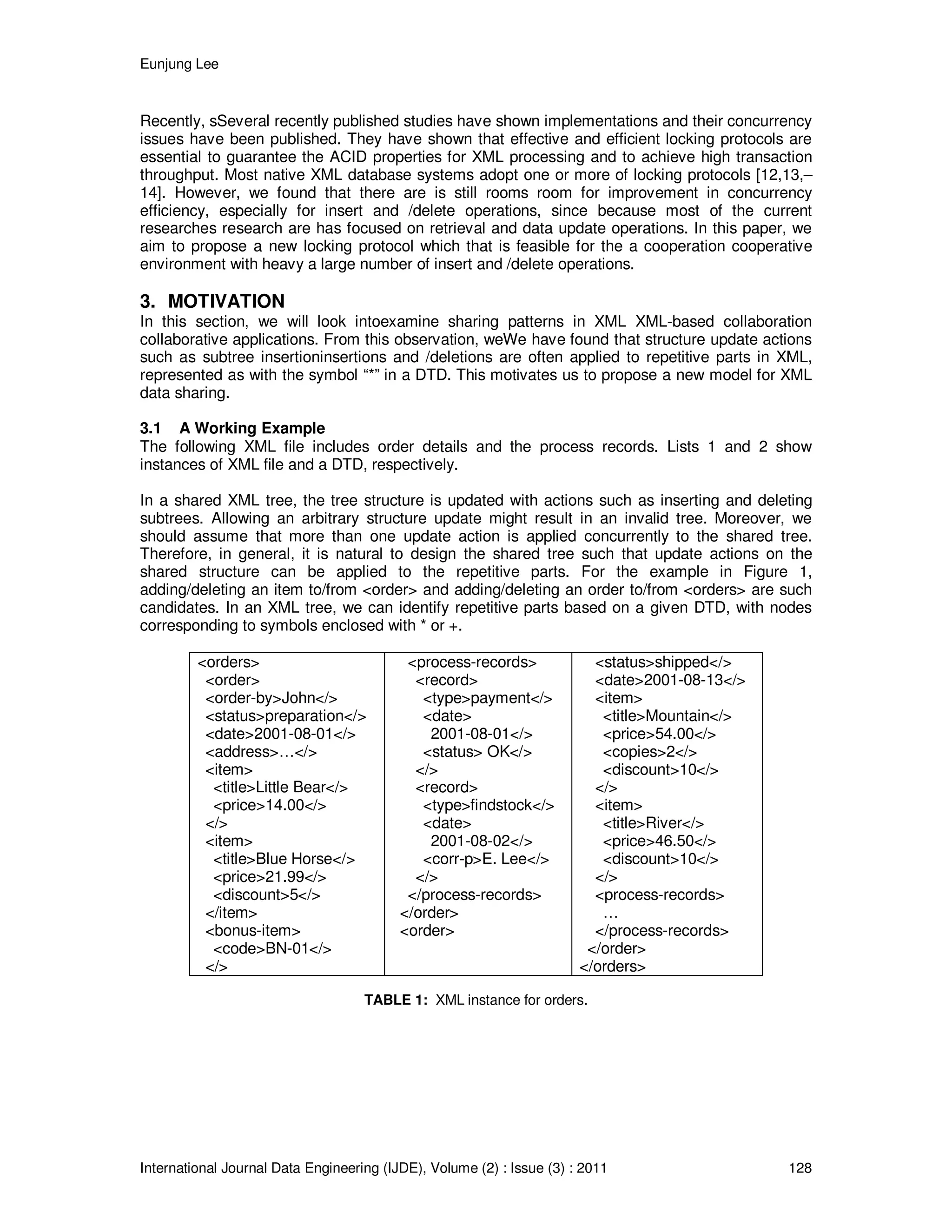 Eunjung Lee
International Journal Data Engineering (IJDE), Volume (2) : Issue (3) : 2011 128
Recently, sSeveral recently published studies have shown implementations and their concurrency
issues have been published. They have shown that effective and efficient locking protocols are
essential to guarantee the ACID properties for XML processing and to achieve high transaction
throughput. Most native XML database systems adopt one or more of locking protocols [12,13,–
14]. However, we found that there are is still rooms room for improvement in concurrency
efficiency, especially for insert and /delete operations, since because most of the current
researches research are has focused on retrieval and data update operations. In this paper, we
aim to propose a new locking protocol which that is feasible for the a cooperation cooperative
environment with heavy a large number of insert and /delete operations.
3. MOTIVATION
In this section, we will look intoexamine sharing patterns in XML XML-based collaboration
collaborative applications. From this observation, weWe have found that structure update actions
such as subtree insertioninsertions and /deletions are often applied to repetitive parts in XML,
represented as with the symbol “*” in a DTD. This motivates us to propose a new model for XML
data sharing.
3.1 A Working Example
The following XML file includes order details and the process records. Lists 1 and 2 show
instances of XML file and a DTD, respectively.
In a shared XML tree, the tree structure is updated with actions such as inserting and deleting
subtrees. Allowing an arbitrary structure update might result in an invalid tree. Moreover, we
should assume that more than one update action is applied concurrently to the shared tree.
Therefore, in general, it is natural to design the shared tree such that update actions on the
shared structure can be applied to the repetitive parts. For the example in Figure 1,
adding/deleting an item to/from <order> and adding/deleting an order to/from <orders> are such
candidates. In an XML tree, we can identify repetitive parts based on a given DTD, with nodes
corresponding to symbols enclosed with * or +.
<orders>
<order>
<order-by>John</>
<status>preparation</>
<date>2001-08-01</>
<address>…</>
<item>
<title>Little Bear</>
<price>14.00</>
</>
<item>
<title>Blue Horse</>
<price>21.99</>
<discount>5</>
</item>
<bonus-item>
<code>BN-01</>
</>
<process-records>
<record>
<type>payment</>
<date>
2001-08-01</>
<status> OK</>
</>
<record>
<type>findstock</>
<date>
2001-08-02</>
<corr-p>E. Lee</>
</>
</process-records>
</order>
<order>
<status>shipped</>
<date>2001-08-13</>
<item>
<title>Mountain</>
<price>54.00</>
<copies>2</>
<discount>10</>
</>
<item>
<title>River</>
<price>46.50</>
<discount>10</>
</>
<process-records>
…
</process-records>
</order>
</orders>
TABLE 1: XML instance for orders.
 