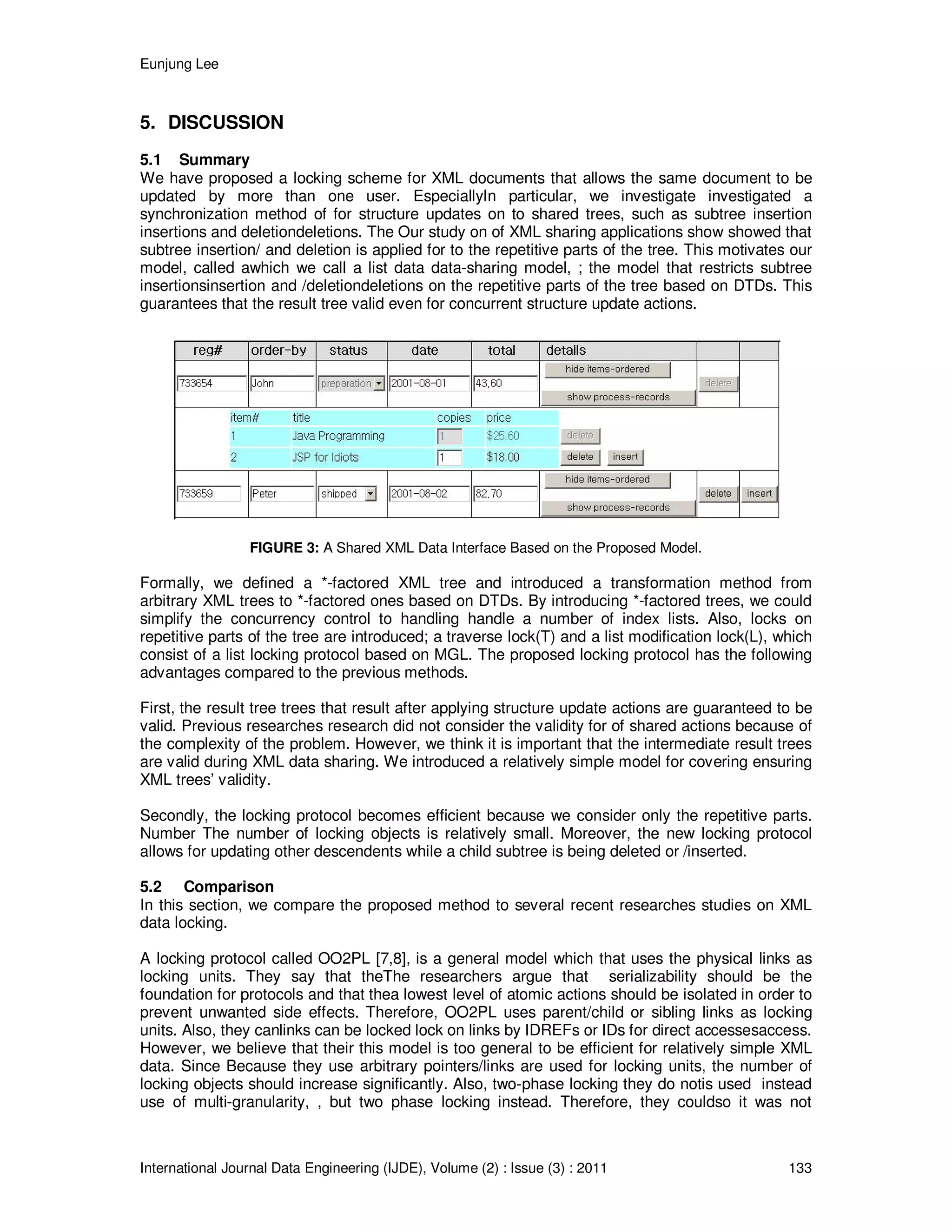 Eunjung Lee
International Journal Data Engineering (IJDE), Volume (2) : Issue (3) : 2011 133
5. DISCUSSION
5.1 Summary
We have proposed a locking scheme for XML documents that allows the same document to be
updated by more than one user. EspeciallyIn particular, we investigate investigated a
synchronization method of for structure updates on to shared trees, such as subtree insertion
insertions and deletiondeletions. The Our study on of XML sharing applications show showed that
subtree insertion/ and deletion is applied for to the repetitive parts of the tree. This motivates our
model, called awhich we call a list data data-sharing model, ; the model that restricts subtree
insertionsinsertion and /deletiondeletions on the repetitive parts of the tree based on DTDs. This
guarantees that the result tree valid even for concurrent structure update actions.
FIGURE 3: A Shared XML Data Interface Based on the Proposed Model.
Formally, we defined a *-factored XML tree and introduced a transformation method from
arbitrary XML trees to *-factored ones based on DTDs. By introducing *-factored trees, we could
simplify the concurrency control to handling handle a number of index lists. Also, locks on
repetitive parts of the tree are introduced; a traverse lock(T) and a list modification lock(L), which
consist of a list locking protocol based on MGL. The proposed locking protocol has the following
advantages compared to the previous methods.
First, the result tree trees that result after applying structure update actions are guaranteed to be
valid. Previous researches research did not consider the validity for of shared actions because of
the complexity of the problem. However, we think it is important that the intermediate result trees
are valid during XML data sharing. We introduced a relatively simple model for covering ensuring
XML trees’ validity.
Secondly, the locking protocol becomes efficient because we consider only the repetitive parts.
Number The number of locking objects is relatively small. Moreover, the new locking protocol
allows for updating other descendents while a child subtree is being deleted or /inserted.
5.2 Comparison
In this section, we compare the proposed method to several recent researches studies on XML
data locking.
A locking protocol called OO2PL [7,8], is a general model which that uses the physical links as
locking units. They say that theThe researchers argue that serializability should be the
foundation for protocols and that thea lowest level of atomic actions should be isolated in order to
prevent unwanted side effects. Therefore, OO2PL uses parent/child or sibling links as locking
units. Also, they canlinks can be locked lock on links by IDREFs or IDs for direct accessesaccess.
However, we believe that their this model is too general to be efficient for relatively simple XML
data. Since Because they use arbitrary pointers/links are used for locking units, the number of
locking objects should increase significantly. Also, two-phase locking they do notis used instead
use of multi-granularity, , but two phase locking instead. Therefore, they couldso it was not
 