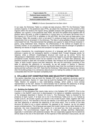 G. Sautter & K. Böhm
International Journal of Data Engineering (IJDE), Volume (3) : Issue (1) : 2012 12
Trigram analysis (TA) inf, nfo, for, orm
Positional trigram analysis (PTA) inf_0, nfo_1, for_2, orm_3
Syllable analysis (SA) in, form
Positional syllable analysis (PSA) in_0, form_1
TABLE 3: N-Grams Generated from the Stem inform
In our case, the Dictionary Table is a simple set data structure. With TA, the Dictionary Table
contains trigrams. In the positional case (PTA), we attach the information on the position of the
trigrams within the words to the trigram string. Syllable analysis (SA) generates non-overlapping
syllables, not n-grams; in the positional case (PSA), we store the syllable string together with its
position within the word. In order to determine if a given term is a non-word, we extract from it
the trigrams (in TA and PTA) or syllables (in SA and PSA). We then look up these parts in the
Dictionary Table. We consider a term a non-word if it contains at least one trigram (or syllable,
respectively) that is not present in the dictionary. The idea of using syllables to detect non-words
is borrowed from [3]. They demonstrate that syllables are superior to state-of-the-art character n-
grams, using Indonesian texts. However, the effectiveness of the method on English text is
currently unclear. In our evaluation (Section 5), we will therefore test the strength of syllables in
detecting non-words on English texts and compare it to trigram analysis.
n-grams characterize the morphological structure of a language well [20]. However, out-of-
dictionary n-grams do not necessarily identify a mistyped word. Foreign language words, for
instance, show a different morphological structure and could go as errors. Terms like
Albuquerque or Afghanistan, which contain the uncommon trigrams uqu and fgh respectively, are
considered invalid, therefore would not be inserted in the CST, no matter their selectivity. We
therefore propose to deal with non-words as follows. We introduce the so-called Invalid N-gram
Table, to store invalid n-grams and their selectivity. We use the information contained in this
table to estimate the selectivity of non-words, as we will explain in Section 4. Memory
requirements of this additional structure are significantly lower than the overhead of storing non-
words and their suffixes in the CST. Note that the Dictionary Table does not require any memory
after the building phase: It is a temporary data structure for testing the validity of index terms and
is discarded after the CST has been completely built.
4. SYLLABLE CST CONSTRUCTION AND SELECTIVITY ESTIMATION
This section describes how we build the Syllable CST and the additional structures used for
selectivity estimation. Section 4.1 says how we build the Syllable CST and the Invalid N-gram
Table. Section 4.2 presents a new node-labeling strategy, which yields a more concise
representation of the CST. Section 4.3 demonstrates how to estimate the selectivity of strings
with our model. Finally, Section 4.4 presents selectivity estimation in case of pruning.
4.1 Building the Syllable CST
Function 4 is the procedure that inserts index terms in the Syllable CST (SylCST). Prior to the
insertion in the SylCST, every term is decomposed in its trigrams or syllables, according to one
of the strategies described in Section 3.5 (Line 1). The Dictionary Table is checked for the
presence of each n-gram. If at least one is not in the Dictionary Table (Line 3), it is marked as
invalid (Line 4). All invalid n-grams are stored in the Invalid N-gram Table, together with their
selectivity (Line 5). The rationale is that we can identify a non-word with its invalid n-grams and
use their selectivity to estimate the selectivity of the entire word. This is similar to the data
structure [4] refers to as a q-gram estimator. As opposed to [4], however, we do not expect
severe overestimations. This is because we expect the invalid n-grams to be rather distinctive. In
particular, the more characteristic the n-grams of a non-word are, the more accurate is the
estimation. The out-of-dictionary trigram fgh, for instance, strongly identifies Afghanistan,
especially in combination with positional analysis. We can reasonably suppose that its selectivity
will be close to the one of the word itself. At the expense of little estimation inaccuracies, we can
 