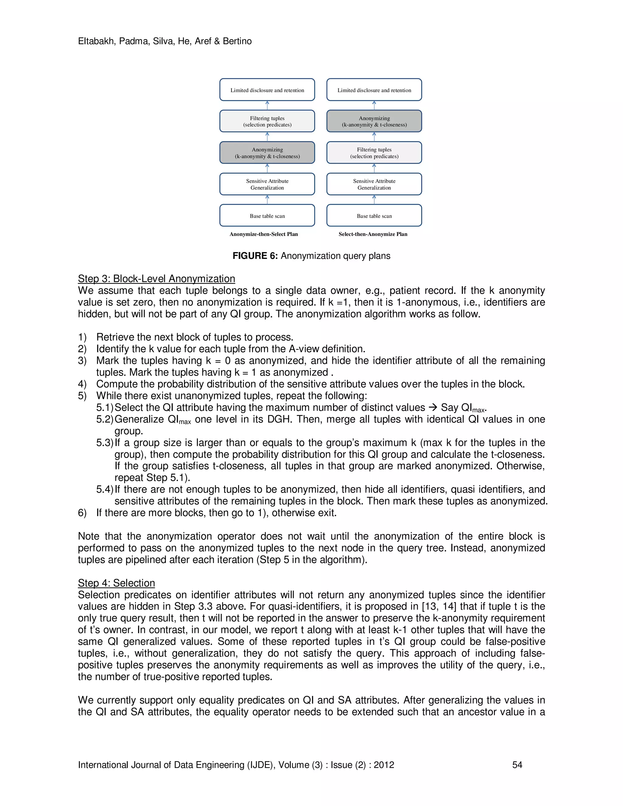 Eltabakh, Padma, Silva, He, Aref & Bertino
International Journal of Data Engineering (IJDE), Volume (3) : Issue (2) : 2012 54
Limited disclosure and retention
Filtering tuples
(selection predicates)
Anonymizing
(k-anonymity & t-closeness)
Sensitive Attribute
Generalization
Base table scan
Limited disclosure and retention
Anonymizing
(k-anonymity & t-closeness)
Sensitive Attribute
Generalization
Base table scan
Filtering tuples
(selection predicates)
Anonymize-then-Select Plan Select-then-Anonymize Plan
FIGURE 6: Anonymization query plans
Step 3: Block-Level Anonymization
We assume that each tuple belongs to a single data owner, e.g., patient record. If the k anonymity
value is set zero, then no anonymization is required. If k =1, then it is 1-anonymous, i.e., identifiers are
hidden, but will not be part of any QI group. The anonymization algorithm works as follow.
1) Retrieve the next block of tuples to process.
2) Identify the k value for each tuple from the A-view definition.
3) Mark the tuples having k = 0 as anonymized, and hide the identifier attribute of all the remaining
tuples. Mark the tuples having k = 1 as anonymized .
4) Compute the probability distribution of the sensitive attribute values over the tuples in the block.
5) While there exist unanonymized tuples, repeat the following:
5.1)Select the QI attribute having the maximum number of distinct values Say QImax.
5.2)Generalize QImax one level in its DGH. Then, merge all tuples with identical QI values in one
group.
5.3)If a group size is larger than or equals to the group’s maximum k (max k for the tuples in the
group), then compute the probability distribution for this QI group and calculate the t-closeness.
If the group satisfies t-closeness, all tuples in that group are marked anonymized. Otherwise,
repeat Step 5.1).
5.4)If there are not enough tuples to be anonymized, then hide all identifiers, quasi identifiers, and
sensitive attributes of the remaining tuples in the block. Then mark these tuples as anonymized.
6) If there are more blocks, then go to 1), otherwise exit.
Note that the anonymization operator does not wait until the anonymization of the entire block is
performed to pass on the anonymized tuples to the next node in the query tree. Instead, anonymized
tuples are pipelined after each iteration (Step 5 in the algorithm).
Step 4: Selection
Selection predicates on identifier attributes will not return any anonymized tuples since the identifier
values are hidden in Step 3.3 above. For quasi-identifiers, it is proposed in [13, 14] that if tuple t is the
only true query result, then t will not be reported in the answer to preserve the k-anonymity requirement
of t’s owner. In contrast, in our model, we report t along with at least k-1 other tuples that will have the
same QI generalized values. Some of these reported tuples in t’s QI group could be false-positive
tuples, i.e., without generalization, they do not satisfy the query. This approach of including false-
positive tuples preserves the anonymity requirements as well as improves the utility of the query, i.e.,
the number of true-positive reported tuples.
We currently support only equality predicates on QI and SA attributes. After generalizing the values in
the QI and SA attributes, the equality operator needs to be extended such that an ancestor value in a
 