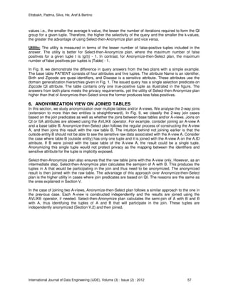 Eltabakh, Padma, Silva, He, Aref & Bertino
International Journal of Data Engineering (IJDE), Volume (3) : Issue (2) : 2012 57
values i.e., the smaller the average k-value, the lesser the number of iterations required to form the QI
group for a given tuple. Therefore, the higher the selectivity of the query and the smaller the k-values,
the greater the advantage of using Select-then-Anonymize plan and vice versa.
Utility: The utility is measured in terms of the lesser number of false-positive tuples included in the
answer. The utility is better for Select-then-Anonymize plan, where the maximum number of false
positives for a given tuple t is |g(t)| - 1. In contrast, for Anonymize-then-Select plan, the maximum
number of false positives per tuples is |Table| - 1.
In Fig. 8, we demonstrate the difference in query answers from the two plans with a simple example.
The base table PATIENT consists of four attributes and five tuples. The attribute Name is an identifier,
Birth and Zipcode are quasi-identifiers, and Disease is a sensitive attribute. These attributes use the
domain generalization hierarchies given in Fig. 1. The issued query has a single selection predicate on
Zipcode QI attribute. The table contains only one true-positive tuple as illustrated in the figure. The
answers from both plans meets the privacy requirements, yet the utility of Select-then-Anonymize plan
higher than that of Anonymize-then-Select since the former produces less false-positives.
6. ANONYMIZATION VIEW ON JOINED TABLES
In this section, we study anonymization over multiple tables and/or A-views. We analyse the 2-way joins
(extension to more than two entities is straightforward). In Fig. 9, we classify the 2-way join cases
based on the join predicates as well as whether the joins between base tables and/or A-views. Joins on
QI or SA attributes are allowed using the AVLIKE operator. For example, consider joining an A-view A
and a base table B. Anonymize-then-Select plan follows the regular process of constructing the A-view
A, and then joins this result with the raw table B. The intuition behind not joining earlier is that the
outside entity B should not be able to see the sensitive raw data associated with the A-view A. Consider
the case where table B (outside entity) has only one tuple and it is joined with the A-view A on the A.ID
attribute. If B were joined with the base table of the A-view A, the result could be a single tuple.
Anonymizing this single tuple would not protect privacy as the mapping between the identifiers and
sensitive attribute for the tuple is implicitly exposed.
Select-then-Anonymize plan also ensures that the raw table joins with the A-view only. However, as an
intermediate step, Select-then-Anonymize plan calculates the semijoin of A with B. This produces the
tuples in A that would be participating in the join and thus need to be anonymized. The anonymized
result is then joined with the raw table. The advantage of this approach over Anonymize-then-Select
plan is the higher utility in cases where join predicates are based on QI. The reasons are the same as
the ones explained in Section V.
In the case of joining two A-views, Anonymize-then-Select plan follows a similar approach to the one in
the previous case. Each A-view is constructed independently and the results are joined using the
AVLIKE operator, if needed. Select-then-Anonymize plan calculates the semi-join of A with B and B
with A, thus identifying the tuples of A and B that will participate in the join. These tuples are
independently anonymized (Section V.2) and then joined.
 