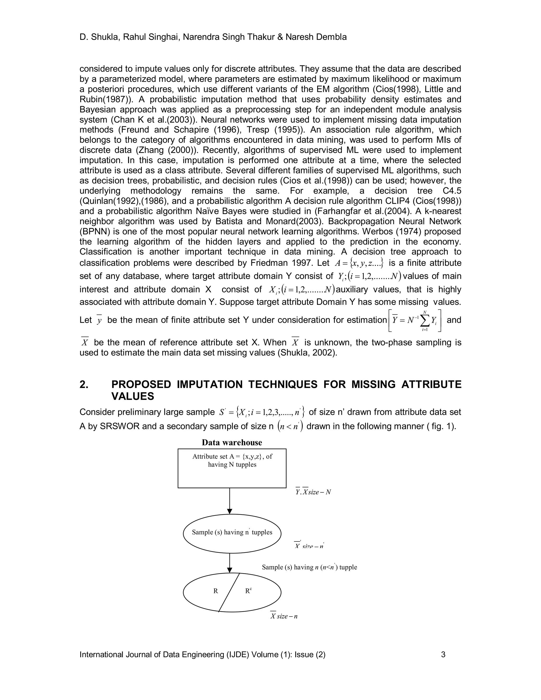 D. Shukla, Rahul Singhai, Narendra Singh Thakur & Naresh Dembla
International Journal of Data Engineering (IJDE) Volume (1): Issue (2) 3
considered to impute values only for discrete attributes. They assume that the data are described
by a parameterized model, where parameters are estimated by maximum likelihood or maximum
a posteriori procedures, which use different variants of the EM algorithm (Cios(1998), Little and
Rubin(1987)). A probabilistic imputation method that uses probability density estimates and
Bayesian approach was applied as a preprocessing step for an independent module analysis
system (Chan K et al.(2003)). Neural networks were used to implement missing data imputation
methods (Freund and Schapire (1996), Tresp (1995)). An association rule algorithm, which
belongs to the category of algorithms encountered in data mining, was used to perform MIs of
discrete data (Zhang (2000)). Recently, algorithms of supervised ML were used to implement
imputation. In this case, imputation is performed one attribute at a time, where the selected
attribute is used as a class attribute. Several different families of supervised ML algorithms, such
as decision trees, probabilistic, and decision rules (Cios et al.(1998)) can be used; however, the
underlying methodology remains the same. For example, a decision tree C4.5
(Quinlan(1992),(1986), and a probabilistic algorithm A decision rule algorithm CLIP4 (Cios(1998))
and a probabilistic algorithm Naïve Bayes were studied in (Farhangfar et al.(2004). A k-nearest
neighbor algorithm was used by Batista and Monard(2003). Backpropagation Neural Network
(BPNN) is one of the most popular neural network learning algorithms. Werbos (1974) proposed
the learning algorithm of the hidden layers and applied to the prediction in the economy.
Classification is another important technique in data mining. A decision tree approach to
classification problems were described by Friedman 1997. Let  ....,, zyxA  is a finite attribute
set of any database, where target attribute domain Y consist of  NiYi
,........2,1;  values of main
interest and attribute domain X consist of  NiXi
,........2,1;  auxiliary values, that is highly
associated with attribute domain Y. Suppose target attribute Domain Y has some missing values.
Let y be the mean of finite attribute set Y under consideration for estimation 





 

N
i
iYNY
1
1
and
X be the mean of reference attribute set X. When X is unknown, the two-phase sampling is
used to estimate the main data set missing values (Shukla, 2002).
2. PROPOSED IMPUTATION TECHNIQUES FOR MISSING ATTRIBUTE
VALUES
Consider preliminary large sample  ''
,.....,3,2,1; niXS i
 of size n’ drawn from attribute data set
A by SRSWOR and a secondary sample of size n  '
nn  drawn in the following manner ( fig. 1).
Attribute set A = {x,y,z}, of
having N tupples
Sample (s) having n’
tupples
R Rc
Sample (s) having n (n<n’
) tupple
'
'
nsizeX 
NsizeXY ,
nsizeX 
Data warehouse
 