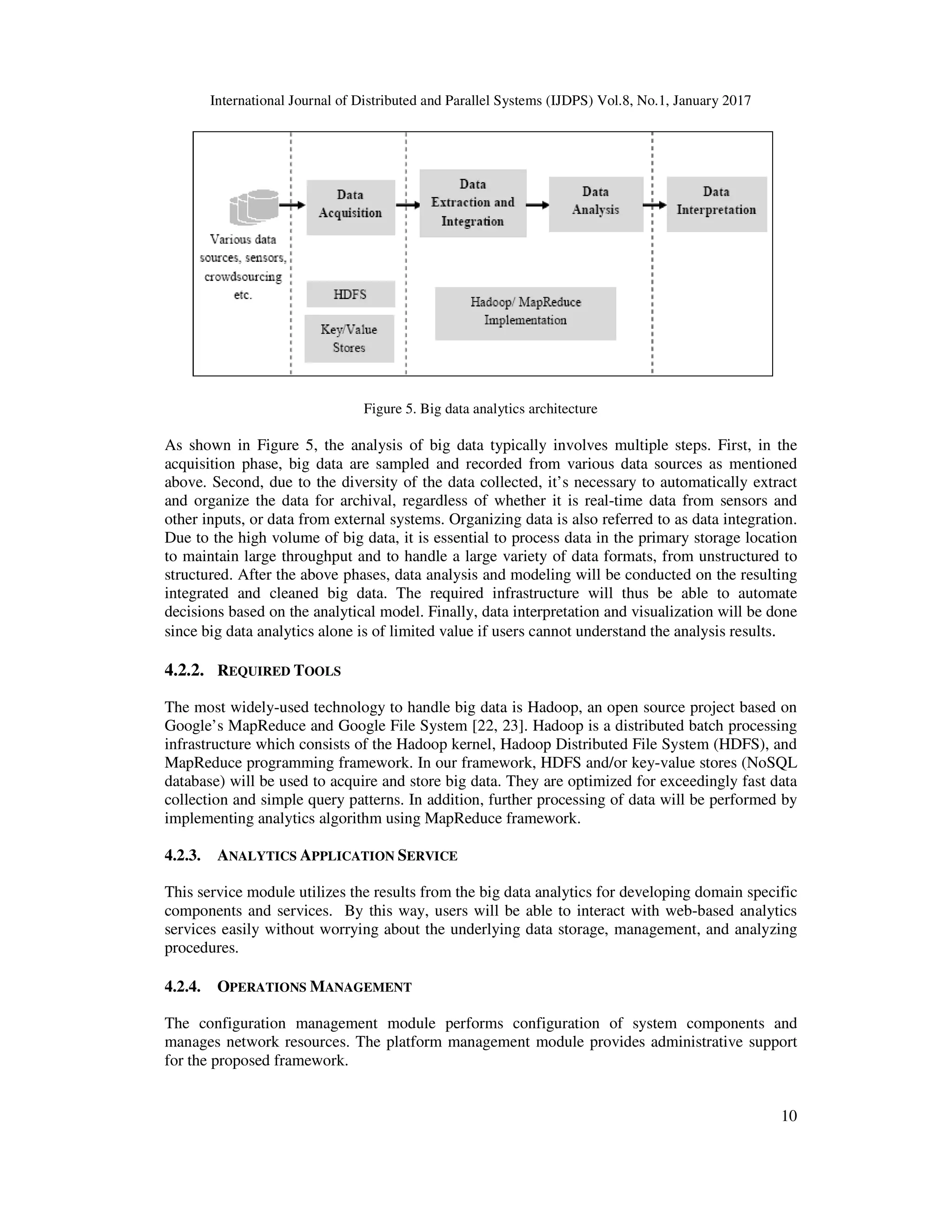 International Journal of Distributed and Parallel Systems (IJDPS) Vol.8, No.1, January 2017
10
Figure 5. Big data analytics architecture
As shown in Figure 5, the analysis of big data typically involves multiple steps. First, in the
acquisition phase, big data are sampled and recorded from various data sources as mentioned
above. Second, due to the diversity of the data collected, it’s necessary to automatically extract
and organize the data for archival, regardless of whether it is real-time data from sensors and
other inputs, or data from external systems. Organizing data is also referred to as data integration.
Due to the high volume of big data, it is essential to process data in the primary storage location
to maintain large throughput and to handle a large variety of data formats, from unstructured to
structured. After the above phases, data analysis and modeling will be conducted on the resulting
integrated and cleaned big data. The required infrastructure will thus be able to automate
decisions based on the analytical model. Finally, data interpretation and visualization will be done
since big data analytics alone is of limited value if users cannot understand the analysis results.
4.2.2. REQUIRED TOOLS
The most widely-used technology to handle big data is Hadoop, an open source project based on
Google’s MapReduce and Google File System [22, 23]. Hadoop is a distributed batch processing
infrastructure which consists of the Hadoop kernel, Hadoop Distributed File System (HDFS), and
MapReduce programming framework. In our framework, HDFS and/or key-value stores (NoSQL
database) will be used to acquire and store big data. They are optimized for exceedingly fast data
collection and simple query patterns. In addition, further processing of data will be performed by
implementing analytics algorithm using MapReduce framework.
4.2.3. ANALYTICS APPLICATION SERVICE
This service module utilizes the results from the big data analytics for developing domain specific
components and services. By this way, users will be able to interact with web-based analytics
services easily without worrying about the underlying data storage, management, and analyzing
procedures.
4.2.4. OPERATIONS MANAGEMENT
The configuration management module performs configuration of system components and
manages network resources. The platform management module provides administrative support
for the proposed framework.
 