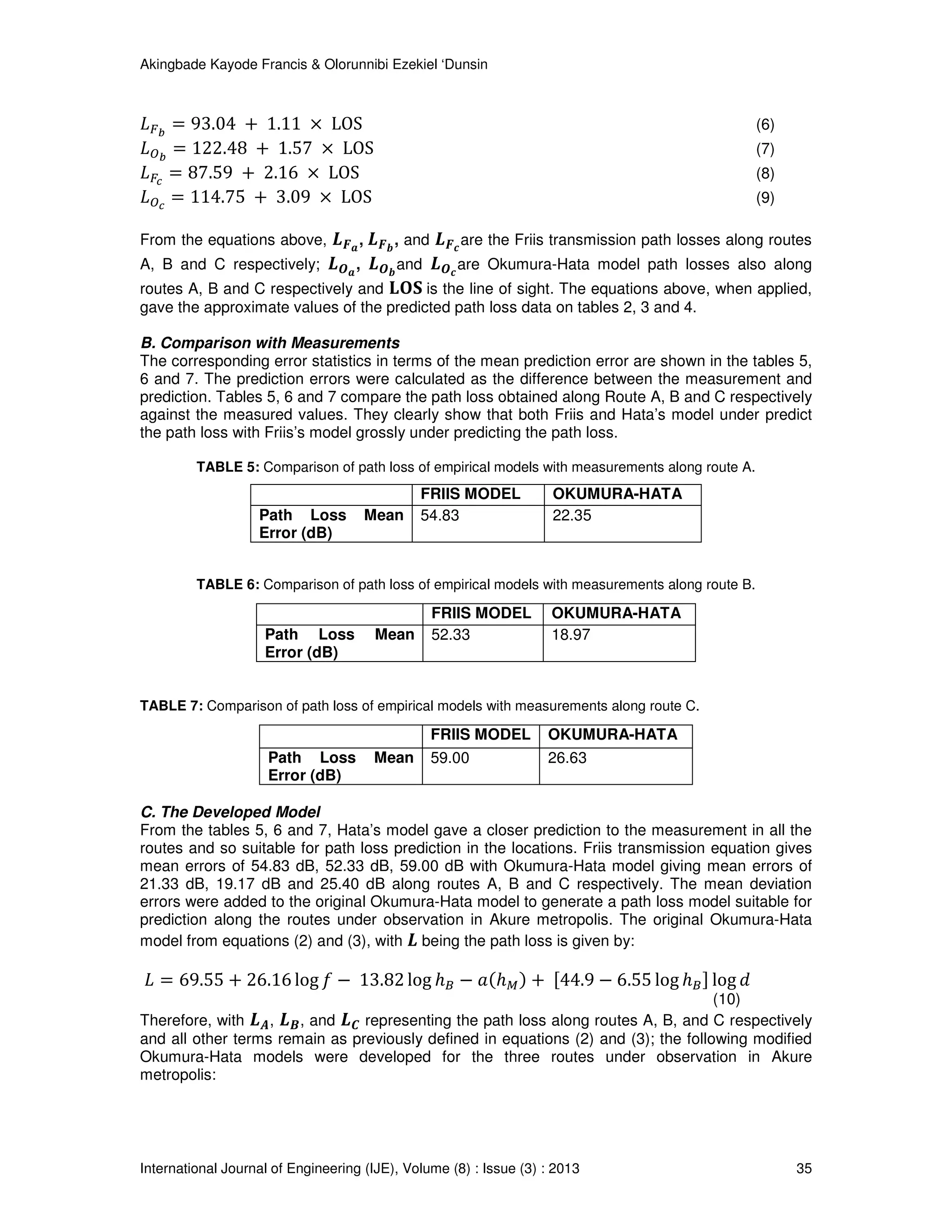 Akingbade Kayode Francis & Olorunnibi Ezekiel ‘Dunsin
International Journal of Engineering (IJE), Volume (8) : Issue (3) : 2013 35
‫ܮ‬ி್
= 93.04 + 1.11 ൈ LOS (6)
‫ܮ‬ை್
= 122.48 + 1.57 ൈ LOS (7)
‫ܮ‬ி೎
= 87.59 + 2.16 ൈ LOS (8)
‫ܮ‬ை೎
= 114.75 + 3.09 ൈ LOS (9)
From the equations above, ࡸࡲࢇ
, ࡸࡲ࢈
, and ࡸࡲࢉ
are the Friis transmission path losses along routes
A, B and C respectively; ࡸࡻࢇ
, ࡸࡻ࢈
and ࡸࡻࢉ
are Okumura-Hata model path losses also along
routes A, B and C respectively and ‫܁۽ۺ‬ is the line of sight. The equations above, when applied,
gave the approximate values of the predicted path loss data on tables 2, 3 and 4.
B. Comparison with Measurements
The corresponding error statistics in terms of the mean prediction error are shown in the tables 5,
6 and 7. The prediction errors were calculated as the difference between the measurement and
prediction. Tables 5, 6 and 7 compare the path loss obtained along Route A, B and C respectively
against the measured values. They clearly show that both Friis and Hata’s model under predict
the path loss with Friis’s model grossly under predicting the path loss.
TABLE 5: Comparison of path loss of empirical models with measurements along route A.
FRIIS MODEL OKUMURA-HATA
Path Loss Mean
Error (dB)
54.83 22.35
TABLE 6: Comparison of path loss of empirical models with measurements along route B.
FRIIS MODEL OKUMURA-HATA
Path Loss Mean
Error (dB)
52.33 18.97
TABLE 7: Comparison of path loss of empirical models with measurements along route C.
FRIIS MODEL OKUMURA-HATA
Path Loss Mean
Error (dB)
59.00 26.63
C. The Developed Model
From the tables 5, 6 and 7, Hata’s model gave a closer prediction to the measurement in all the
routes and so suitable for path loss prediction in the locations. Friis transmission equation gives
mean errors of 54.83 dB, 52.33 dB, 59.00 dB with Okumura-Hata model giving mean errors of
21.33 dB, 19.17 dB and 25.40 dB along routes A, B and C respectively. The mean deviation
errors were added to the original Okumura-Hata model to generate a path loss model suitable for
prediction along the routes under observation in Akure metropolis. The original Okumura-Hata
model from equations (2) and (3), with ࡸ being the path loss is given by:
‫ܮ‬ = 69.55 + 26.16 log ݂ − 13.82 log ℎ஻ − ܽሺℎெሻ + ሾ44.9 − 6.55 log ℎ஻ሿ log ݀
(10)
Therefore, with ࡸ࡭, ࡸ࡮, and ࡸ࡯ representing the path loss along routes A, B, and C respectively
and all other terms remain as previously defined in equations (2) and (3); the following modified
Okumura-Hata models were developed for the three routes under observation in Akure
metropolis:
 