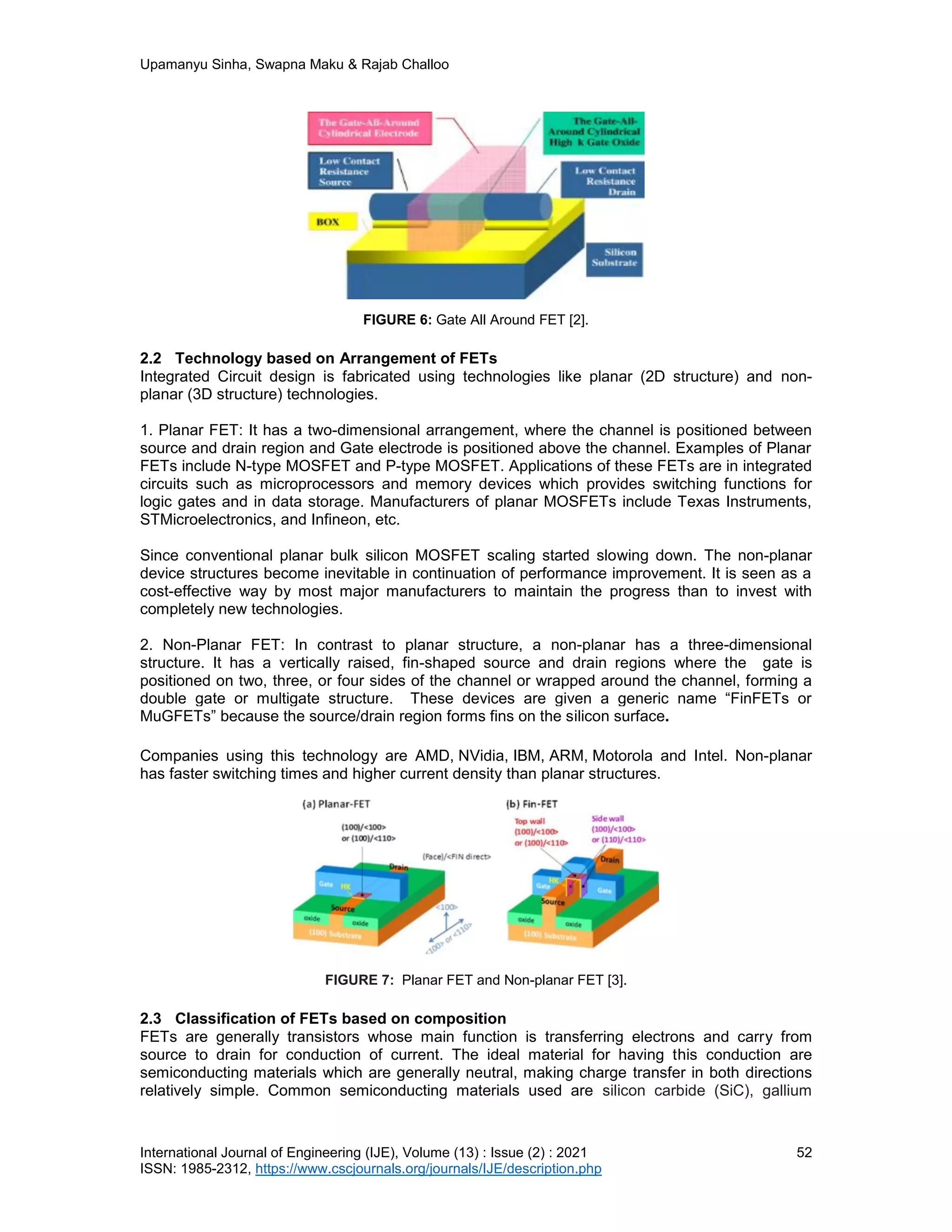 Upamanyu Sinha, Swapna Maku & Rajab Challoo
International Journal of Engineering (IJE), Volume (13) : Issue (2) : 2021 52
ISSN: 1985-2312, https://www.cscjournals.org/journals/IJE/description.php
FIGURE 6: Gate All Around FET [2].
2.2 Technology based on Arrangement of FETs
Integrated Circuit design is fabricated using technologies like planar (2D structure) and non-
planar (3D structure) technologies.
1. Planar FET: It has a two-dimensional arrangement, where the channel is positioned between
source and drain region and Gate electrode is positioned above the channel. Examples of Planar
FETs include N-type MOSFET and P-type MOSFET. Applications of these FETs are in integrated
circuits such as microprocessors and memory devices which provides switching functions for
logic gates and in data storage. Manufacturers of planar MOSFETs include Texas Instruments,
STMicroelectronics, and Infineon, etc.
Since conventional planar bulk silicon MOSFET scaling started slowing down. The non-planar
device structures become inevitable in continuation of performance improvement. It is seen as a
cost-effective way by most major manufacturers to maintain the progress than to invest with
completely new technologies.
2. Non-Planar FET: In contrast to planar structure, a non-planar has a three-dimensional
structure. It has a vertically raised, fin-shaped source and drain regions where the gate is
positioned on two, three, or four sides of the channel or wrapped around the channel, forming a
double gate or multigate structure. These devices are given a generic name “FinFETs or
MuGFETs” because the source/drain region forms fins on the silicon surface.
Companies using this technology are AMD, NVidia, IBM, ARM, Motorola and Intel. Non-planar
has faster switching times and higher current density than planar structures.
FIGURE 7: Planar FET and Non-planar FET [3].
2.3 Classification of FETs based on composition
FETs are generally transistors whose main function is transferring electrons and carry from
source to drain for conduction of current. The ideal material for having this conduction are
semiconducting materials which are generally neutral, making charge transfer in both directions
relatively simple. Common semiconducting materials used are silicon carbide (SiC), gallium
 