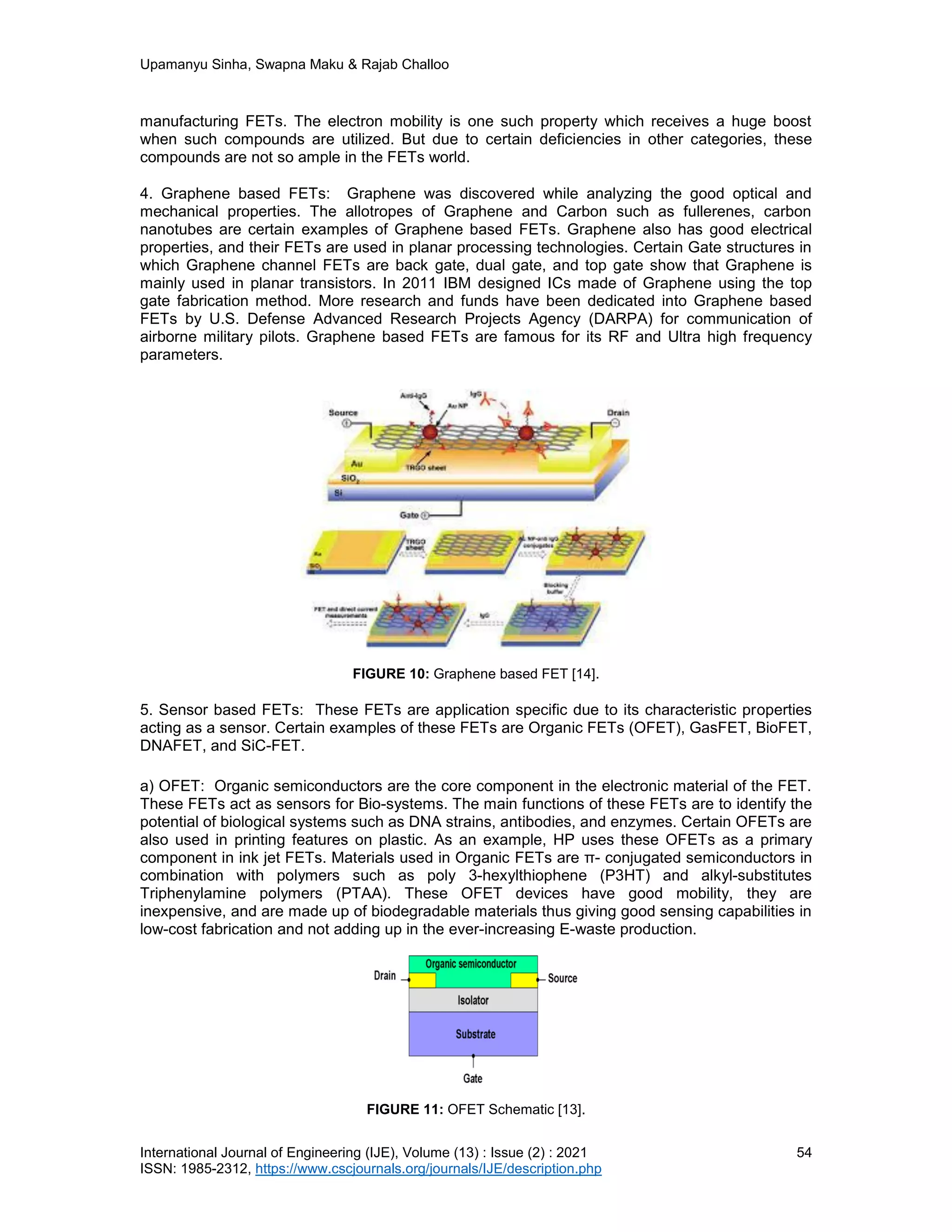 Upamanyu Sinha, Swapna Maku & Rajab Challoo
International Journal of Engineering (IJE), Volume (13) : Issue (2) : 2021 54
ISSN: 1985-2312, https://www.cscjournals.org/journals/IJE/description.php
manufacturing FETs. The electron mobility is one such property which receives a huge boost
when such compounds are utilized. But due to certain deficiencies in other categories, these
compounds are not so ample in the FETs world.
4. Graphene based FETs: Graphene was discovered while analyzing the good optical and
mechanical properties. The allotropes of Graphene and Carbon such as fullerenes, carbon
nanotubes are certain examples of Graphene based FETs. Graphene also has good electrical
properties, and their FETs are used in planar processing technologies. Certain Gate structures in
which Graphene channel FETs are back gate, dual gate, and top gate show that Graphene is
mainly used in planar transistors. In 2011 IBM designed ICs made of Graphene using the top
gate fabrication method. More research and funds have been dedicated into Graphene based
FETs by U.S. Defense Advanced Research Projects Agency (DARPA) for communication of
airborne military pilots. Graphene based FETs are famous for its RF and Ultra high frequency
parameters.
FIGURE 10: Graphene based FET [14].
5. Sensor based FETs: These FETs are application specific due to its characteristic properties
acting as a sensor. Certain examples of these FETs are Organic FETs (OFET), GasFET, BioFET,
DNAFET, and SiC-FET.
a) OFET: Organic semiconductors are the core component in the electronic material of the FET.
These FETs act as sensors for Bio-systems. The main functions of these FETs are to identify the
potential of biological systems such as DNA strains, antibodies, and enzymes. Certain OFETs are
also used in printing features on plastic. As an example, HP uses these OFETs as a primary
component in ink jet FETs. Materials used in Organic FETs are π- conjugated semiconductors in
combination with polymers such as poly 3-hexylthiophene (P3HT) and alkyl-substitutes
Triphenylamine polymers (PTAA). These OFET devices have good mobility, they are
inexpensive, and are made up of biodegradable materials thus giving good sensing capabilities in
low-cost fabrication and not adding up in the ever-increasing E-waste production.
FIGURE 11: OFET Schematic [13].
 