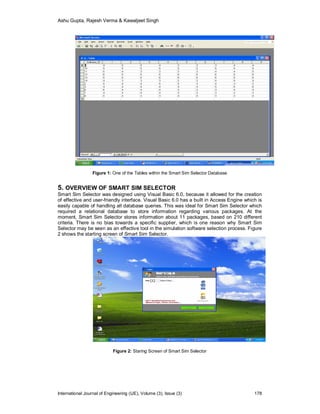 Ashu Gupta, Rajesh Verma & Kawaljeet Singh
International Journal of Engineering (IJE), Volume (3), Issue (3) 178
Figure 1: One of the Tables within the Smart Sim Selector Database
5. OVERVIEW OF SMART SIM SELECTOR
Smart Sim Selector was designed using Visual Basic 6.0, because it allowed for the creation
of effective and user-friendly interface. Visual Basic 6.0 has a built in Access Engine which is
easily capable of handling all database queries. This was ideal for Smart Sim Selector which
required a relational database to store information regarding various packages. At the
moment, Smart Sim Selector stores information about 11 packages, based on 210 different
criteria. There is no bias towards a specific supplier, which is one reason why Smart Sim
Selector may be seen as an effective tool in the simulation software selection process. Figure
2 shows the starting screen of Smart Sim Selector.
Figure 2: Staring Screen of Smart Sim Selector
 
