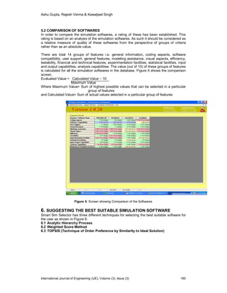 Ashu Gupta, Rajesh Verma & Kawaljeet Singh
International Journal of Engineering (IJE), Volume (3), Issue (3) 180
5.2 COMPARISON OF SOFTWARES
In order to compare the simulation softwares, a rating of these has been established. This
rating is based on an analysis of the simulation softwares. As such it should be considered as
a relative measure of quality of these softwares from the perspective of groups of criteria
rather than as an absolute value.
There are total 14 groups of features i.e. general information, coding aspects, software
compatibility, user support, general features, modeling assistance, visual aspects, efficiency,
testability, financial and technical features, experimentation facilities, statistical facilities, input
and output capabilities, analysis capabilities. The value (out of 10) of these groups of features
is calculated for all the simulation softwares in the database. Figure 5 shows the comparison
screen.
Evaluated Value = Calculated Value × 10
Maximum Value
Where Maximum Value= Sum of highest possible values that can be selected in a particular
group of features
and Calculated Value= Sum of actual values selected in a particular group of features
Figure 5: Screen showing Comparison of the Softwares
6. SUGGESTING THE BEST SUITABLE SIMULATION SOFTWARE
Smart Sim Selector has three different techniques for selecting the best suitable software for
the user as shown in Figure 6:
6.1 Analytic Hierarchy Process
6.2 Weighted Score Method
6.3 TOPSIS (Technique of Order Preference by Similarity to Ideal Solution)
 
