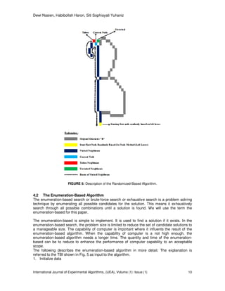 Dewi Nasien, Habibollah Haron, Siti Sophiayati Yuhaniz
International Journal of Experimental Algorithms, (IJEA), Volume (1): Issue (1) 10
FIGURE 6: Description of the Randomized-Based Algorithm.
4.2 The Enumeration-Based Algorithm
The enumeration-based search or brute-force search or exhaustive search is a problem solving
technique by enumerating all possible candidates for the solution. This means it exhaustively
search through all possible combinations until a solution is found. We will use the term the
enumeration-based for this paper.
The enumeration-based is simple to implement. It is used to find a solution if it exists. In the
enumeration-based search, the problem size is limited to reduce the set of candidate solutions to
a manageable size. The capability of computer is important where it influents the result of the
enumeration-based algorithm. When the capability of computer is a not high enough, the
enumeration-based algorithm needs a longer time. The quantity and time of the enumeration-
based can be to reduce to enhance the performance of computer capability to an acceptable
scope.
The following describes the enumeration-based algorithm in more detail. The explanation is
referred to the TBI shown in Fig. 5 as input to the algorithm.
1. Initialize data
 