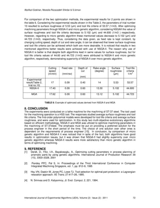Abolfazl Golshan, Mostafa Rezazadeh Shirdar & S.Izman
International Journal of Experimental Algorithms (IJEA), Volume (2) : Issue (2) : 2011 72
For comparison of the two optimization methods, the experimental results for 2 points are shown in
the table 6. Considering the experimental results shown in the Table 2, the parameters of trial number
10 resulted to surface roughness of 5.53 (µm) and tool life criteria of 53.57 (1/m3). After optimizing
machining parameters through NSGA-II and micro genetic algorithm, considering NSGAII the value of
surface roughness and tool life criteria decrease to 5.102 (µm) and 44.600 (1/m3 ) respectively.
However, regarding to micro genetic algorithm these mentioned values decrease to 5.102 (µm) and
44.723 (1/m3), respectively. Thus, considering the data given, as feed rate is kept constant, by
changing cutting speed, depth of cut and rake angle, it can be observed that lower surface roughness
and tool life criteria can be achieved which both are more desirable. It is noticed that results in two
mentioned algorithms better results were achieved with use of NSGA-II. The reason why use of
NSGA-II is better is that despite both algorithms lead in same values for surface roughness, but for
tool life criteria values of 44.60 and 44.723 (1/m3) were attributed to NSGA-II and micro genetic
algorithm, respectively, demonstrating superiority of NSGA-II over micro genetic algorithm.
Cutting
speed
(m/min)
Feed rate
(mm/rev)
Depth of
cut
(mm)
Rake angle
(degree)
Surface
roughness
(µm)
Tool life
criteria
1/m3
Experimental
result(Table 2,
trial no.10)
17 0.09 0.40 14 5.53 53.57
NSGA-II 17.40 0.09 0.60 13.30 5.102 44.600
MGA 17.62 0.09 0.60 13.12 5.102 44.723
TABLE 6: Example of optimized values derived from NSGA-II and MGA
8. CONCLUSION
The experiments were conducted on a lathe machine for the machining of ST-37 steel. The tool used
for the machining operation is a HSS tool. The responses studied average surface roughness and tool
life criteria. The first-order polynomial models were developed for tool life criteria and average surface
roughness, and were used for optimization. In this study two multi-objective evolutionary algorithms
based on efficient methodology, NSGA-II and MGA was utilized to optimize machining parameters in
the machining of ST-37steel. The emphasis must be put on providing a preferred solution for the
process engineer in the short period of the time. The choice of one solution over other ones is
dependent on the requirements of process engineer [15]. In conclusion, by comparison of micro
genetic algorithm and NSGA-II it was noticed that in spite of the fact, both algorithms have good
results in optimization issues, but it was shown that NSGA-II had slightly superiority over micro
genetic algorithm whereas NAGA-II results were more satisfactory than micro genetic algorithm in
terms of optimizing machining.
9. REFERENCE
[1] Dereli, D., Filiz, I.H., Bayakosoglu, A., Optimizing cutting parameters in process planning of
prismatic parts by using genetic algorithms. International Journal of Production Research 39
(15), 3303–3328, 2001
[2] Pandey PPC, Pal S. In: Proceedings of the Third International Conference in Computer
Integrated Machining Singapore, vol. 1, pp. 812–9, 1995
[3] Hsu VN, Daskin M, Jones PC, Lowe TJ. Tool selection for optimal part production: a Lagrangian
relaxation approach. IIE Trans; 27:417–26, 1995.
[4] N. Srinivas and D. Kalyanmoy, Jl. Evol. Comput. 2, 221, 1994.
 