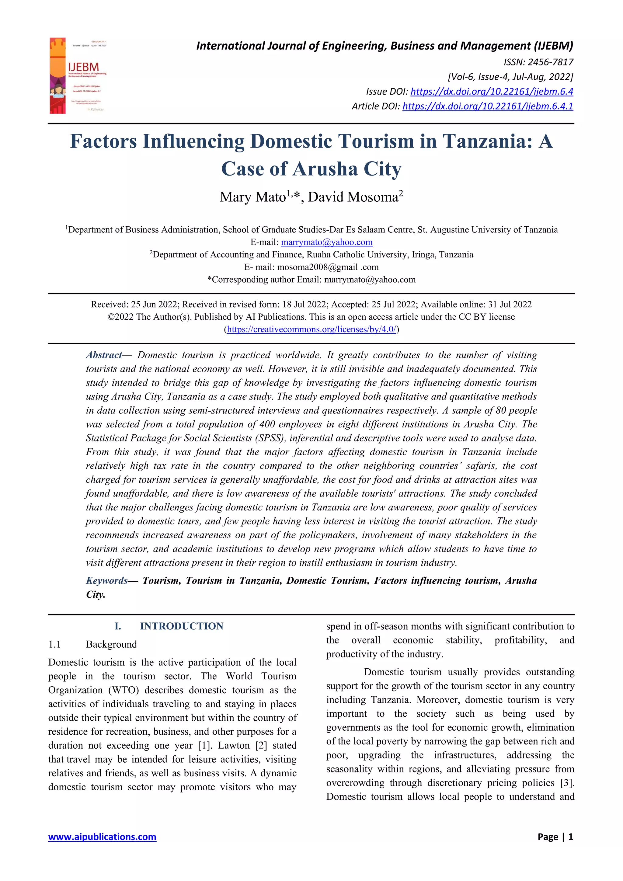 Factors Influencing Domestic Tourism in Tanzania: A Case of Arusha City ...
