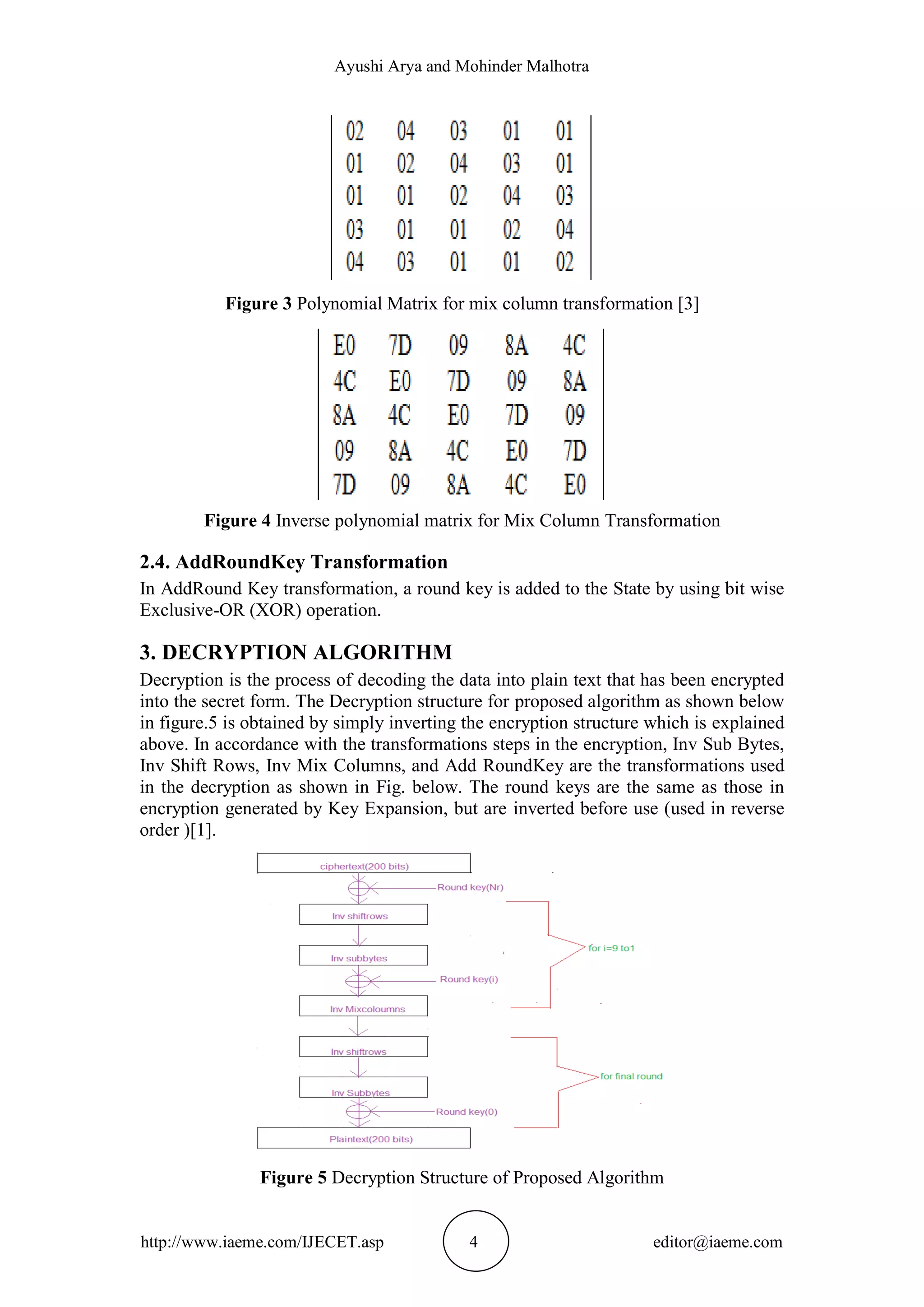 Ayushi Arya and Mohinder Malhotra
http://www.iaeme.com/IJECET.asp 4 editor@iaeme.com
Figure 3 Polynomial Matrix for mix column transformation [3]
Figure 4 Inverse polynomial matrix for Mix Column Transformation
2.4. AddRoundKey Transformation
In AddRound Key transformation, a round key is added to the State by using bit wise
Exclusive-OR (XOR) operation.
3. DECRYPTION ALGORITHM
Decryption is the process of decoding the data into plain text that has been encrypted
into the secret form. The Decryption structure for proposed algorithm as shown below
in figure.5 is obtained by simply inverting the encryption structure which is explained
above. In accordance with the transformations steps in the encryption, Inv Sub Bytes,
Inv Shift Rows, Inv Mix Columns, and Add RoundKey are the transformations used
in the decryption as shown in Fig. below. The round keys are the same as those in
encryption generated by Key Expansion, but are inverted before use (used in reverse
order )[1].
Figure 5 Decryption Structure of Proposed Algorithm
 