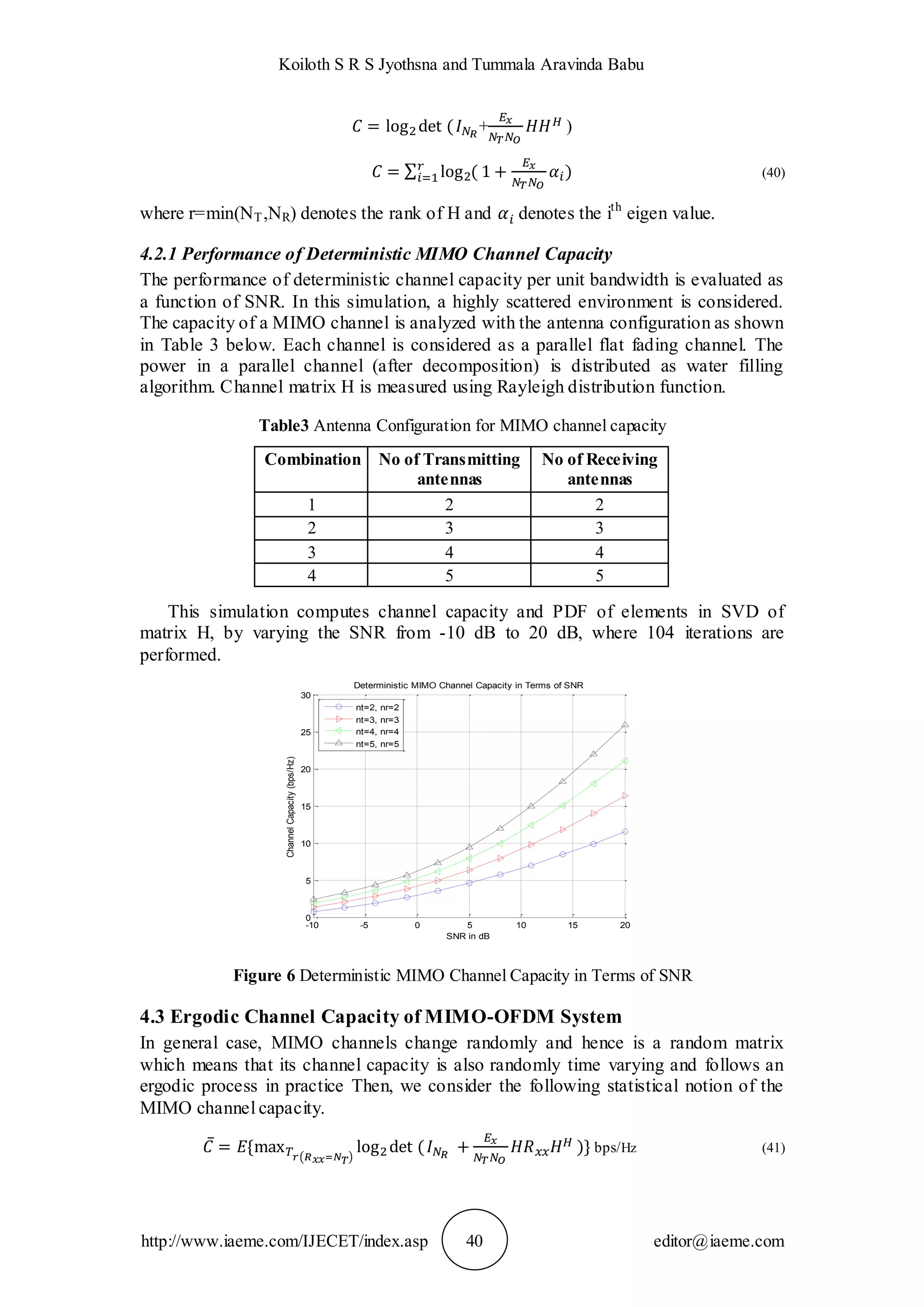 Koiloth S R S Jyothsna and Tummala Aravinda Babu
http://www.iaeme.com/IJECET/index.asp 40 editor@iaeme.com
+ )
(40)
where r=min(NT,NR) denotes the rank of H and denotes the ith
eigen value.
4.2.1 Performance of Deterministic MIMO Channel Capacity
The performance of deterministic channel capacity per unit bandwidth is evaluated as
a function of SNR. In this simulation, a highly scattered environment is considered.
The capacity of a MIMO channel is analyzed with the antenna configuration as shown
in Table 3 below. Each channel is considered as a parallel flat fading channel. The
power in a parallel channel (after decomposition) is distributed as water filling
algorithm. Channel matrix H is measured using Rayleigh distribution function.
Table3 Antenna Configuration for MIMO channel capacity
Combination No of Transmitting
antennas
No of Receiving
antennas
1 2 2
2 3 3
3 4 4
4 5 5
This simulation computes channel capacity and PDF of elements in SVD of
matrix H, by varying the SNR from -10 dB to 20 dB, where 104 iterations are
performed.
Figure 6 Deterministic MIMO Channel Capacity in Terms of SNR
4.3 Ergodic Channel Capacity of MIMO-OFDM System
In general case, MIMO channels change randomly and hence is a random matrix
which means that its channel capacity is also randomly time varying and follows an
ergodic process in practice Then, we consider the following statistical notion of the
MIMO channel capacity.
bps/Hz (41)
-10 -5 0 5 10 15 20
0
5
10
15
20
25
30
SNR in dB
ChannelCapacity(bps/Hz)
Deterministic MIMO Channel Capacity in Terms of SNR
nt=2, nr=2
nt=3, nr=3
nt=4, nr=4
nt=5, nr=5
 