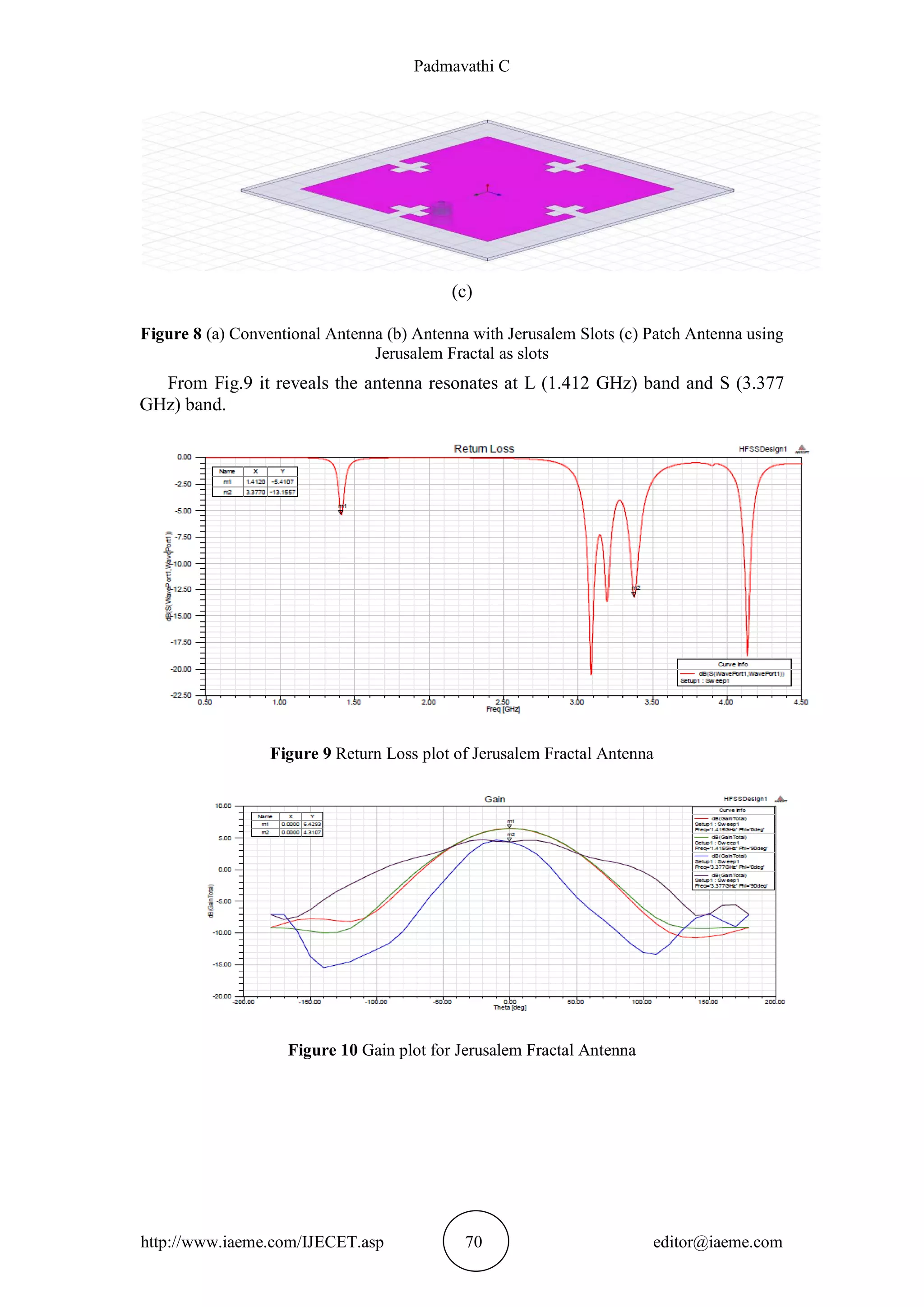 Padmavathi C
http://www.iaeme.com/IJECET.asp 70 editor@iaeme.com
(c)
Figure 8 (a) Conventional Antenna (b) Antenna with Jerusalem Slots (c) Patch Antenna using
Jerusalem Fractal as slots
From Fig.9 it reveals the antenna resonates at L (1.412 GHz) band and S (3.377
GHz) band.
Figure 9 Return Loss plot of Jerusalem Fractal Antenna
Figure 10 Gain plot for Jerusalem Fractal Antenna
 