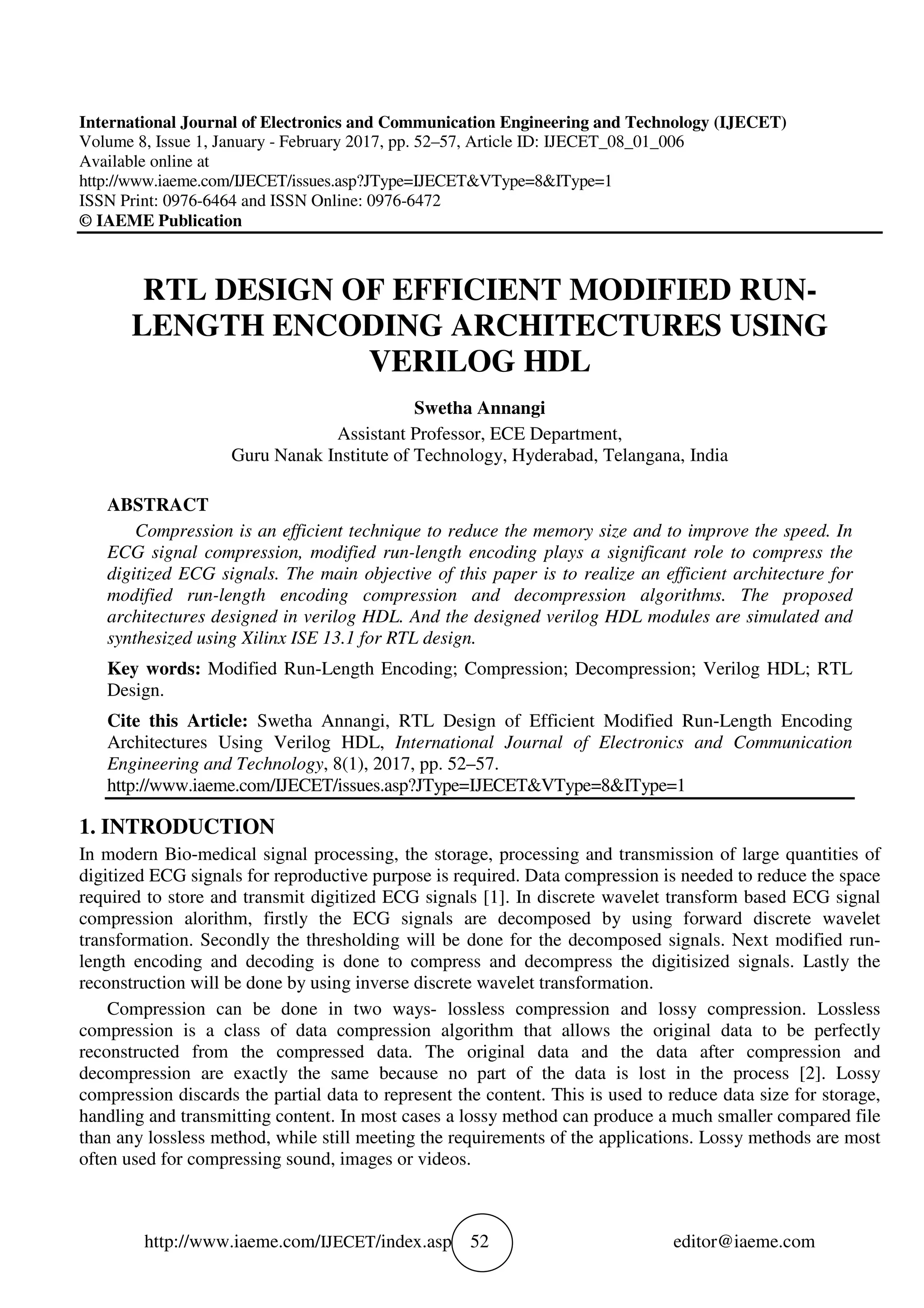 RTL DESIGN OF EFFICIENT MODIFIED RUN-LENGTH ENCODING ARCHITECTURES ...