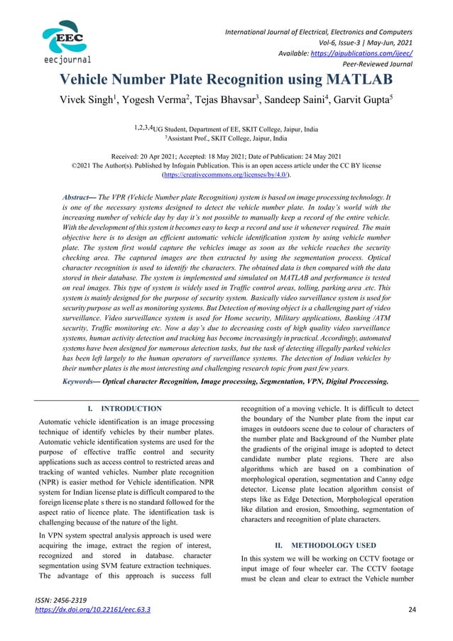 Vehicle Number Plate Recognition using MATLAB | PDF