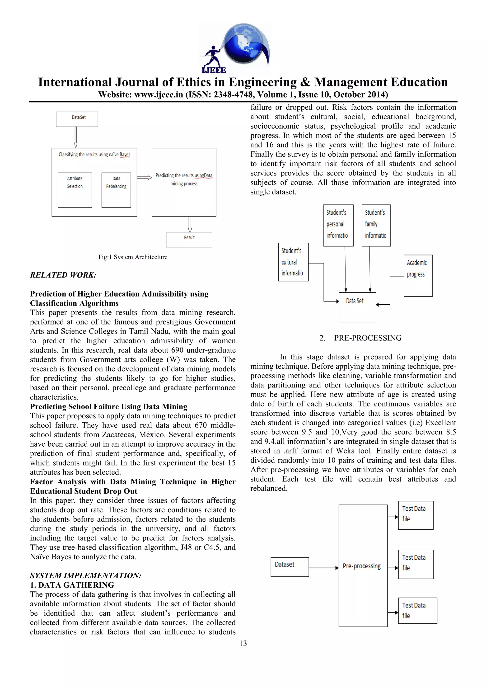International Journal of Ethics in Engineering  Management Education 
Website: www.ijeee.in (ISSN: 2348-4748, Volume 1, Issue 10, October 2014) 
13 
Fig:1 System Architecture 
RELATED WORK: 
Prediction of Higher Education Admissibility using 
Classification Algorithms 
This paper presents the results from data mining research, 
performed at one of the famous and prestigious Government 
Arts and Science Colleges in Tamil Nadu, with the main goal 
to predict the higher education admissibility of women 
students. In this research, real data about 690 under-graduate 
students from Government arts college (W) was taken. The 
research is focused on the development of data mining models 
for predicting the students likely to go for higher studies, 
based on their personal, precollege and graduate performance 
characteristics. 
Predicting School Failure Using Data Mining 
This paper proposes to apply data mining techniques to predict 
school failure. They have used real data about 670 middle-school 
students from Zacatecas, México. Several experiments 
have been carried out in an attempt to improve accuracy in the 
prediction of final student performance and, specifically, of 
which students might fail. In the first experiment the best 15 
attributes has been selected. 
Factor Analysis with Data Mining Technique in Higher 
Educational Student Drop Out 
In this paper, they consider three issues of factors affecting 
students drop out rate. These factors are conditions related to 
the students before admission, factors related to the students 
during the study periods in the university, and all factors 
including the target value to be predict for factors analysis. 
They use tree-based classification algorithm, J48 or C4.5, and 
Naïve Bayes to analyze the data. 
SYSTEM IMPLEMENTATION: 
1. DATA GATHERING 
The process of data gathering is that involves in collecting all 
available information about students. The set of factor should 
be identified that can affect student’s performance and 
collected from different available data sources. The collected 
characteristics or risk factors that can influence to students 
failure or dropped out. Risk factors contain the information 
about student’s cultural, social, educational background, 
socioeconomic status, psychological profile and academic 
progress. In which most of the students are aged between 15 
and 16 and this is the years with the highest rate of failure. 
Finally the survey is to obtain personal and family information 
to identify important risk factors of all students and school 
services provides the score obtained by the students in all 
subjects of course. All those information are integrated into 
single dataset. 
2. PRE-PROCESSING 
In this stage dataset is prepared for applying data 
mining technique. Before applying data mining technique, pre-processing 
methods like cleaning, variable transformation and 
data partitioning and other techniques for attribute selection 
must be applied. Here new attribute of age is created using 
date of birth of each students. The continuous variables are 
transformed into discrete variable that is scores obtained by 
each student is changed into categorical values (i.e) Excellent 
score between 9.5 and 10,Very good the score between 8.5 
and 9.4.all information’s are integrated in single dataset that is 
stored in .arff format of Weka tool. Finally entire dataset is 
divided randomly into 10 pairs of training and test data files. 
After pre-processing we have attributes or variables for each 
student. Each test file will contain best attributes and 
rebalanced. 
 