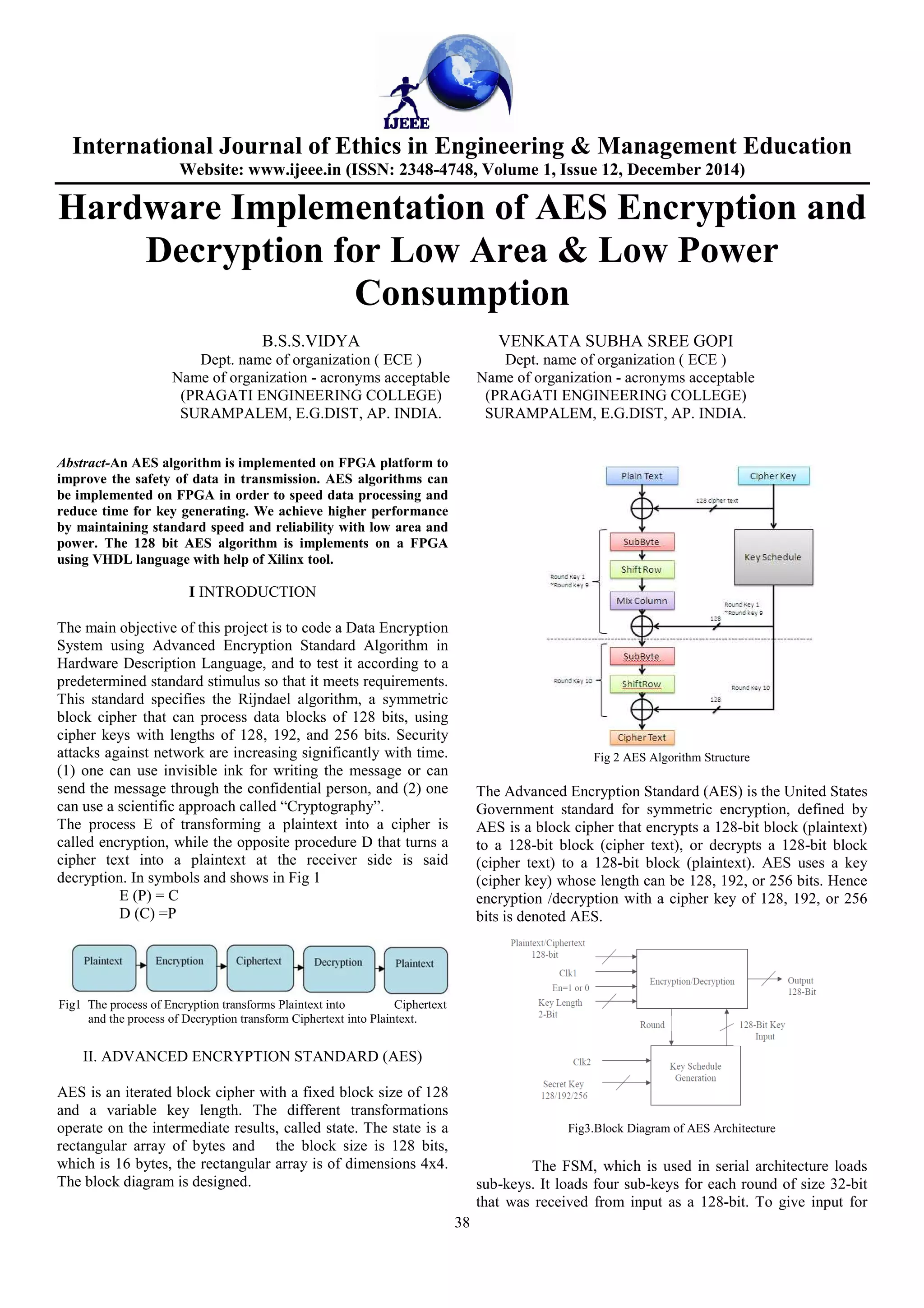 hardware implementation of aes encryption and decryption for low area ...