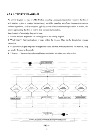 15
4.2.4 ACTIVITY DIAGRAM
An activity diagram is a type of UML (Unified Modeling Language) diagram that visualizes the flow of
activities in a system or process. It's particularly useful for modeling workflows, business processes, or
software algorithms. Activity diagrams typically consist of nodes representing activities or actions, and
arrows representing the flow of control from one activity to another.
Key elements of an activity diagram include:
1. **Initial Node**: Represents the starting point of the activity diagram.
2. **Activities**: Represent actions or steps within the process. They can be depicted as rounded
rectangles.
3. **Decisions**: Represent points in the process where different paths or conditions can be taken. They
are usually depicted as diamonds.
4. **Arrows**: Show the flow of control between activities, decisions, and other nodes.
FIG-4
 