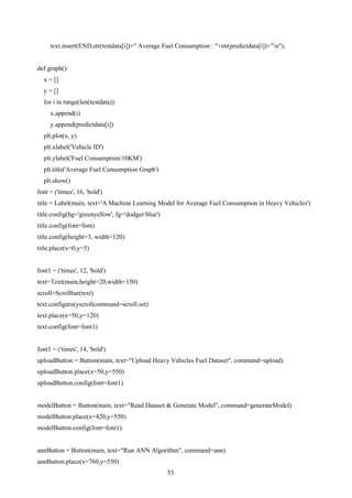 53
text.insert(END,str(testdata[i])+" Average Fuel Consumption : "+str(predictdata[i])+"n");
def graph():
x = []
y = []
for i in range(len(testdata)):
x.append(i)
y.append(predictdata[i])
plt.plot(x, y)
plt.xlabel('Vehicle ID')
plt.ylabel('Fuel Consumption/10KM')
plt.title('Average Fuel Consumption Graph')
plt.show()
font = ('times', 16, 'bold')
title = Label(main, text='A Machine Learning Model for Average Fuel Consumption in Heavy Vehicles')
title.config(bg='greenyellow', fg='dodger blue')
title.config(font=font)
title.config(height=3, width=120)
title.place(x=0,y=5)
font1 = ('times', 12, 'bold')
text=Text(main,height=20,width=150)
scroll=Scrollbar(text)
text.configure(yscrollcommand=scroll.set)
text.place(x=50,y=120)
text.config(font=font1)
font1 = ('times', 14, 'bold')
uploadButton = Button(main, text="Upload Heavy Vehicles Fuel Dataset", command=upload)
uploadButton.place(x=50,y=550)
uploadButton.config(font=font1)
modelButton = Button(main, text="Read Dataset & Generate Model", command=generateModel)
modelButton.place(x=420,y=550)
modelButton.config(font=font1)
annButton = Button(main, text="Run ANN Algorithm", command=ann)
annButton.place(x=760,y=550)
 