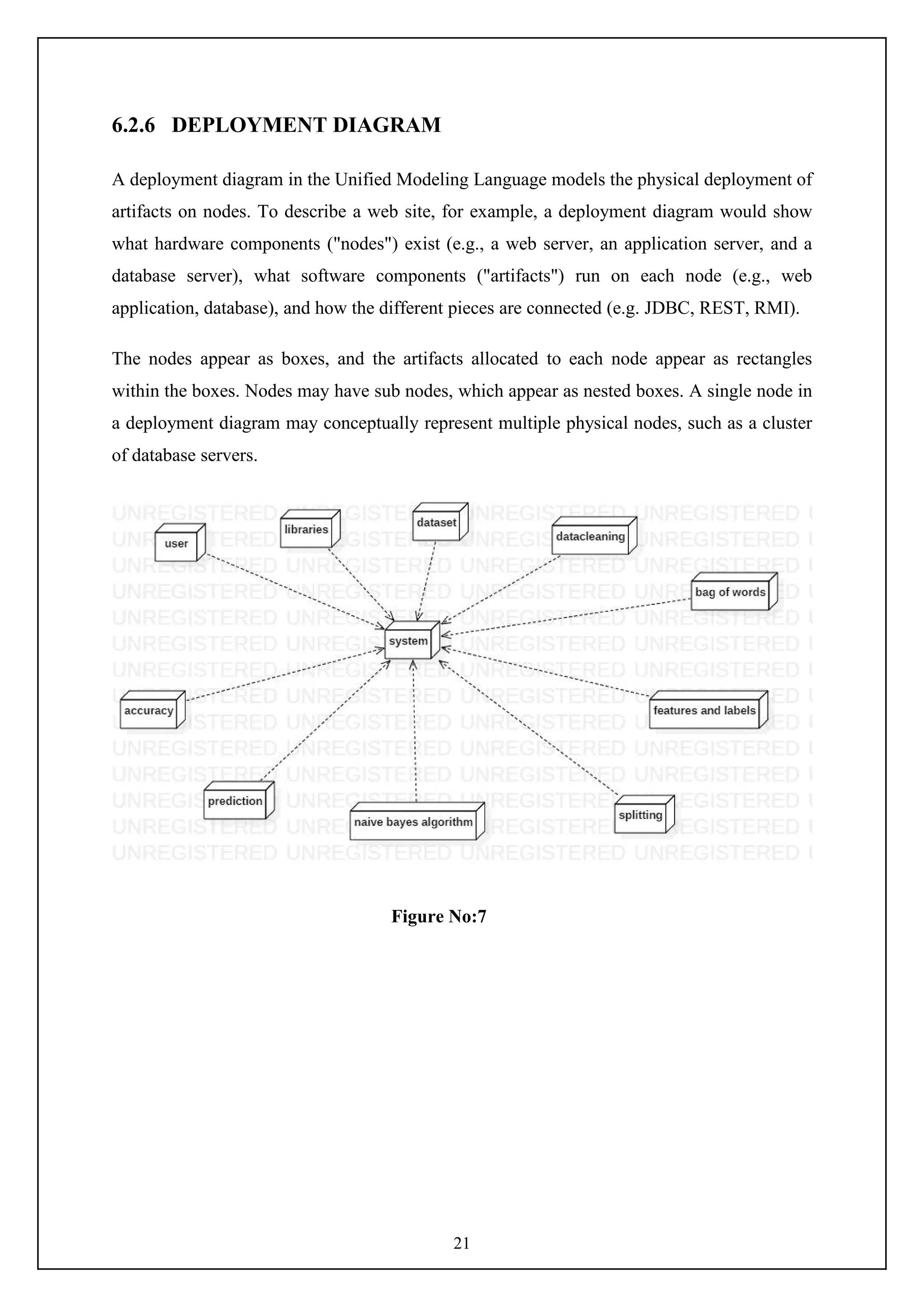 21
6.2.6 DEPLOYMENT DIAGRAM
A deployment diagram in the Unified Modeling Language models the physical deployment of
artifacts on nodes. To describe a web site, for example, a deployment diagram would show
what hardware components ("nodes") exist (e.g., a web server, an application server, and a
database server), what software components ("artifacts") run on each node (e.g., web
application, database), and how the different pieces are connected (e.g. JDBC, REST, RMI).
The nodes appear as boxes, and the artifacts allocated to each node appear as rectangles
within the boxes. Nodes may have sub nodes, which appear as nested boxes. A single node in
a deployment diagram may conceptually represent multiple physical nodes, such as a cluster
of database servers.
Figure No:7
 
