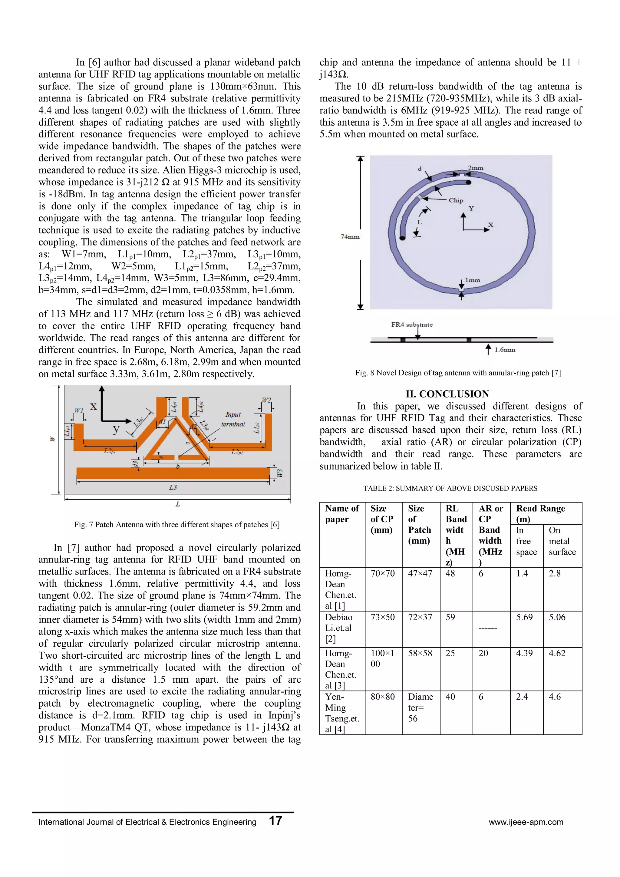 International Journal of Electrical & Electronics Engineering 17 www.ijeee-apm.com
In [6] author had discussed a planar wideband patch
antenna for UHF RFID tag applications mountable on metallic
surface. The size of ground plane is 130mm×63mm. This
antenna is fabricated on FR4 substrate (relative permittivity
4.4 and loss tangent 0.02) with the thickness of 1.6mm. Three
different shapes of radiating patches are used with slightly
different resonance frequencies were employed to achieve
wide impedance bandwidth. The shapes of the patches were
derived from rectangular patch. Out of these two patches were
meandered to reduce its size. Alien Higgs-3 microchip is used,
whose impedance is 31-j212 Ω at 915 MHz and its sensitivity
is -18dBm. In tag antenna design the efficient power transfer
is done only if the complex impedance of tag chip is in
conjugate with the tag antenna. The triangular loop feeding
technique is used to excite the radiating patches by inductive
coupling. The dimensions of the patches and feed network are
as: W1=7mm, L1p1=10mm, L2p1=37mm, L3p1=10mm,
L4p1=12mm, W2=5mm, L1p2=15mm, L2p2=37mm,
L3p2=14mm, L4p2=14mm, W3=5mm, L3=86mm, c=29.4mm,
b=34mm, s=d1=d3=2mm, d2=1mm, t=0.0358mm, h=1.6mm.
The simulated and measured impedance bandwidth
of 113 MHz and 117 MHz (return loss ≥ 6 dB) was achieved
to cover the entire UHF RFID operating frequency band
worldwide. The read ranges of this antenna are different for
different countries. In Europe, North America, Japan the read
range in free space is 2.68m, 6.18m, 2.99m and when mounted
on metal surface 3.33m, 3.61m, 2.80m respectively.
Fig. 7 Patch Antenna with three different shapes of patches [6]
In [7] author had proposed a novel circularly polarized
annular-ring tag antenna for RFID UHF band mounted on
metallic surfaces. The antenna is fabricated on a FR4 substrate
with thickness 1.6mm, relative permittivity 4.4, and loss
tangent 0.02. The size of ground plane is 74mm×74mm. The
radiating patch is annular-ring (outer diameter is 59.2mm and
inner diameter is 54mm) with two slits (width 1mm and 2mm)
along x-axis which makes the antenna size much less than that
of regular circularly polarized circular microstrip antenna.
Two short-circuited arc microstrip lines of the length L and
width t are symmetrically located with the direction of
135°and are a distance 1.5 mm apart. the pairs of arc
microstrip lines are used to excite the radiating annular-ring
patch by electromagnetic coupling, where the coupling
distance is d=2.1mm. RFID tag chip is used in Inpinj’s
product—MonzaTM4 QT, whose impedance is 11- j143Ω at
915 MHz. For transferring maximum power between the tag
chip and antenna the impedance of antenna should be 11 +
j143Ω.
The 10 dB return-loss bandwidth of the tag antenna is
measured to be 215MHz (720-935MHz), while its 3 dB axial-
ratio bandwidth is 6MHz (919-925 MHz). The read range of
this antenna is 3.5m in free space at all angles and increased to
5.5m when mounted on metal surface.
Fig. 8 Novel Design of tag antenna with annular-ring patch [7]
II. CONCLUSION
In this paper, we discussed different designs of
antennas for UHF RFID Tag and their characteristics. These
papers are discussed based upon their size, return loss (RL)
bandwidth, axial ratio (AR) or circular polarization (CP)
bandwidth and their read range. These parameters are
summarized below in table II.
TABLE 2: SUMMARY OF ABOVE DISCUSED PAPERS
Name of
paper
Size
of CP
(mm)
Size
of
Patch
(mm)
RL
Band
widt
h
(MH
z)
AR or
CP
Band
width
(MHz
)
Read Range
(m)
In
free
space
On
metal
surface
Homg-
Dean
Chen.et.
al [1]
70×70 47×47 48 6 1.4 2.8
Debiao
Li.et.al
[2]
73×50 72×37 59
------
5.69 5.06
Horng-
Dean
Chen.et.
al [3]
100×1
00
58×58 25 20 4.39 4.62
Yen-
Ming
Tseng.et.
al [4]
80×80 Diame
ter=
56
40 6 2.4 4.6
 