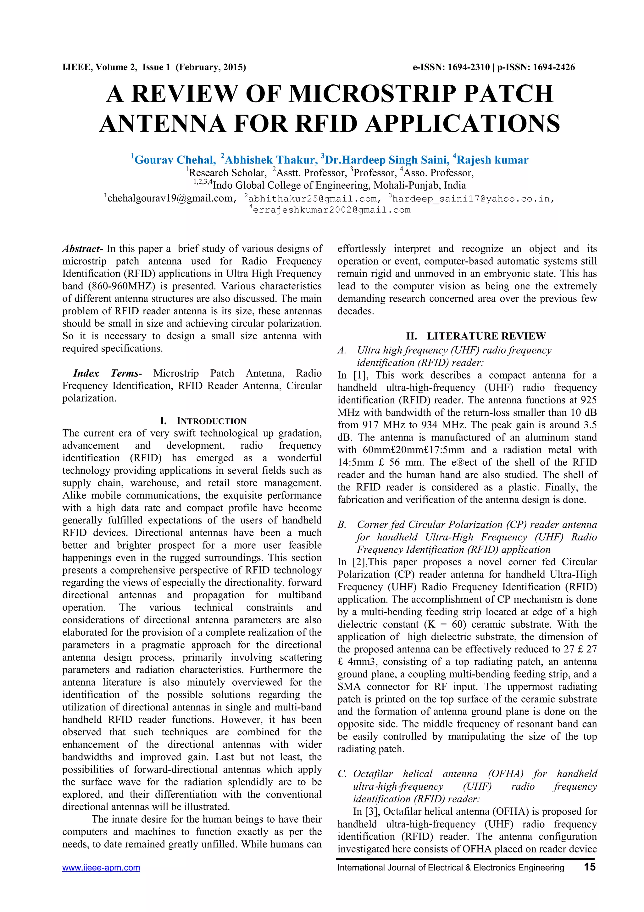 A REVIEW OF MICROSTRIP PATCH ANTENNA FOR RFID APPLICATIONS | PDF