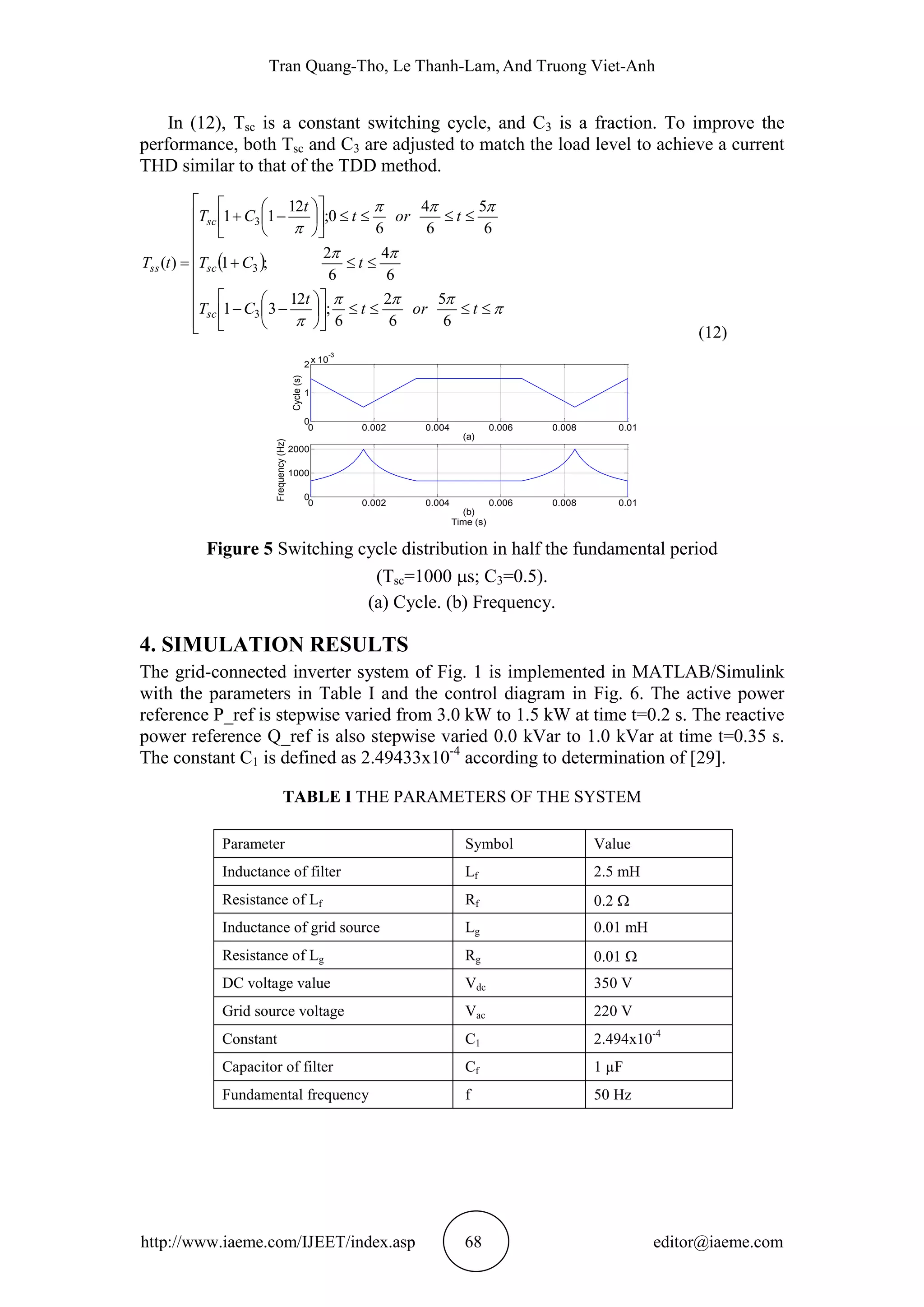 Tran Quang-Tho, Le Thanh-Lam, And Truong Viet-Anh
http://www.iaeme.com/IJEET/index.asp 68 editor@iaeme.com
In (12), Tsc is a constant switching cycle, and C3 is a fraction. To improve the
performance, both Tsc and C3 are adjusted to match the load level to achieve a current
THD similar to that of the TDD method.
 












































tort
t
CT
tCT
tort
t
CT
tT
sc
sc
sc
ss
6
5
6
2
6
;
12
31
6
4
6
2
;1
6
5
6
4
6
0;
12
11
)(
3
3
3
(12)
Figure 5 Switching cycle distribution in half the fundamental period
(Tsc=1000 s; C3=0.5).
(a) Cycle. (b) Frequency.
4. SIMULATION RESULTS
The grid-connected inverter system of Fig. 1 is implemented in MATLAB/Simulink
with the parameters in Table I and the control diagram in Fig. 6. The active power
reference P_ref is stepwise varied from 3.0 kW to 1.5 kW at time t=0.2 s. The reactive
power reference Q_ref is also stepwise varied 0.0 kVar to 1.0 kVar at time t=0.35 s.
The constant C1 is defined as 2.49433x10-4
according to determination of [29].
TABLE I THE PARAMETERS OF THE SYSTEM
0 0.002 0.004 0.006 0.008 0.01
0
1
2
x 10
-3
Cycle(s)
(a)
0 0.002 0.004 0.006 0.008 0.01
0
1000
2000
(b)
Time (s)
Frequency(Hz)
Parameter Symbol Value
Inductance of filter Lf 2.5 mH
Resistance of Lf Rf 0.2 
Inductance of grid source Lg 0.01 mH
Resistance of Lg Rg 0.01 
DC voltage value Vdc 350 V
Grid source voltage Vac 220 V
Constant C1 2.494x10-4
Capacitor of filter Cf 1 µF
Fundamental frequency f 50 Hz
 
