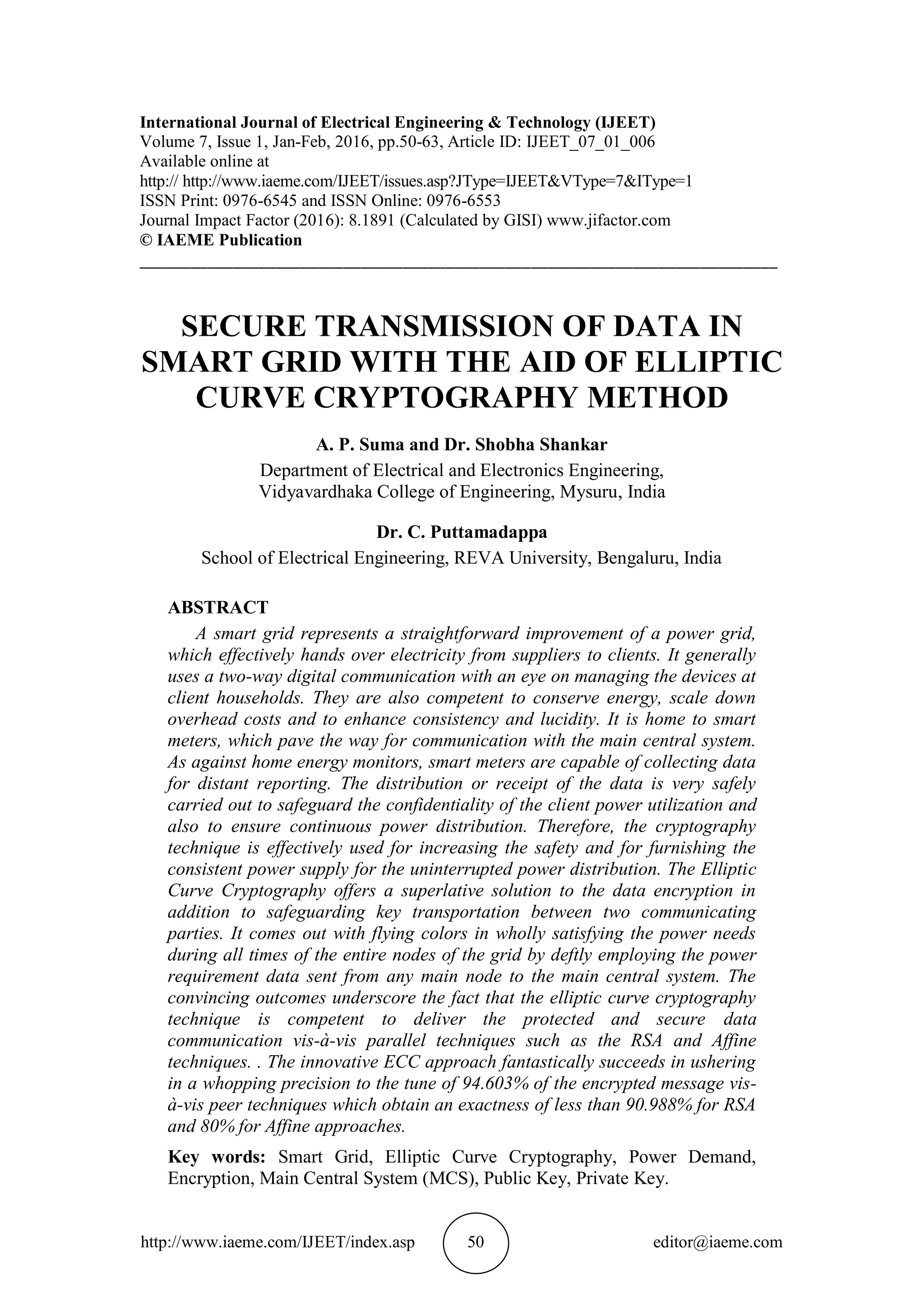SECURE TRANSMISSION OF DATA IN SMART GRID WITH THE AID OF ELLIPTIC ...