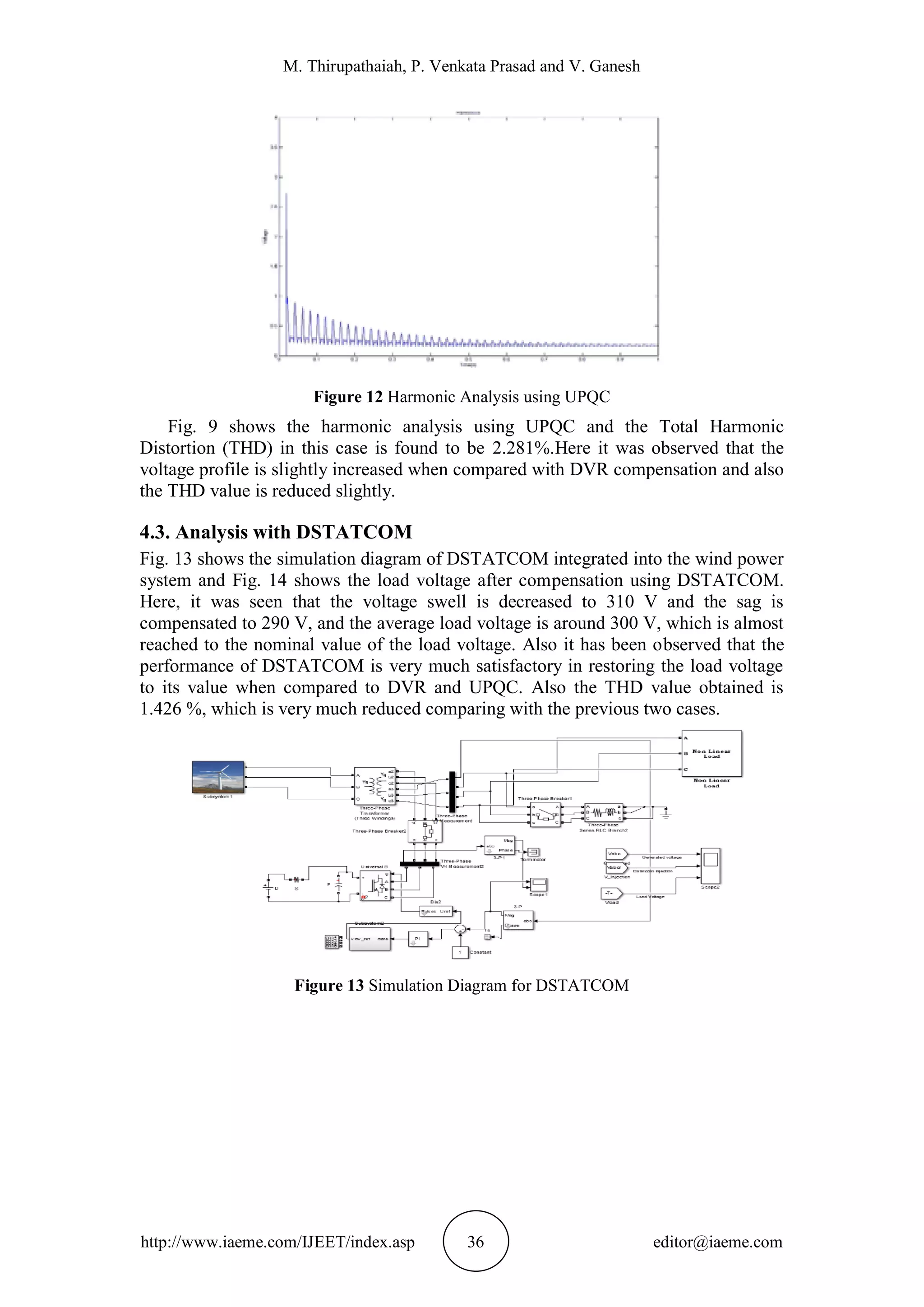 M. Thirupathaiah, P. Venkata Prasad and V. Ganesh
http://www.iaeme.com/IJEET/index.asp 36 editor@iaeme.com
Figure 12 Harmonic Analysis using UPQC
Fig. 9 shows the harmonic analysis using UPQC and the Total Harmonic
Distortion (THD) in this case is found to be 2.281%.Here it was observed that the
voltage profile is slightly increased when compared with DVR compensation and also
the THD value is reduced slightly.
4.3. Analysis with DSTATCOM
Fig. 13 shows the simulation diagram of DSTATCOM integrated into the wind power
system and Fig. 14 shows the load voltage after compensation using DSTATCOM.
Here, it was seen that the voltage swell is decreased to 310 V and the sag is
compensated to 290 V, and the average load voltage is around 300 V, which is almost
reached to the nominal value of the load voltage. Also it has been observed that the
performance of DSTATCOM is very much satisfactory in restoring the load voltage
to its value when compared to DVR and UPQC. Also the THD value obtained is
1.426 %, which is very much reduced comparing with the previous two cases.
Figure 13 Simulation Diagram for DSTATCOM
 