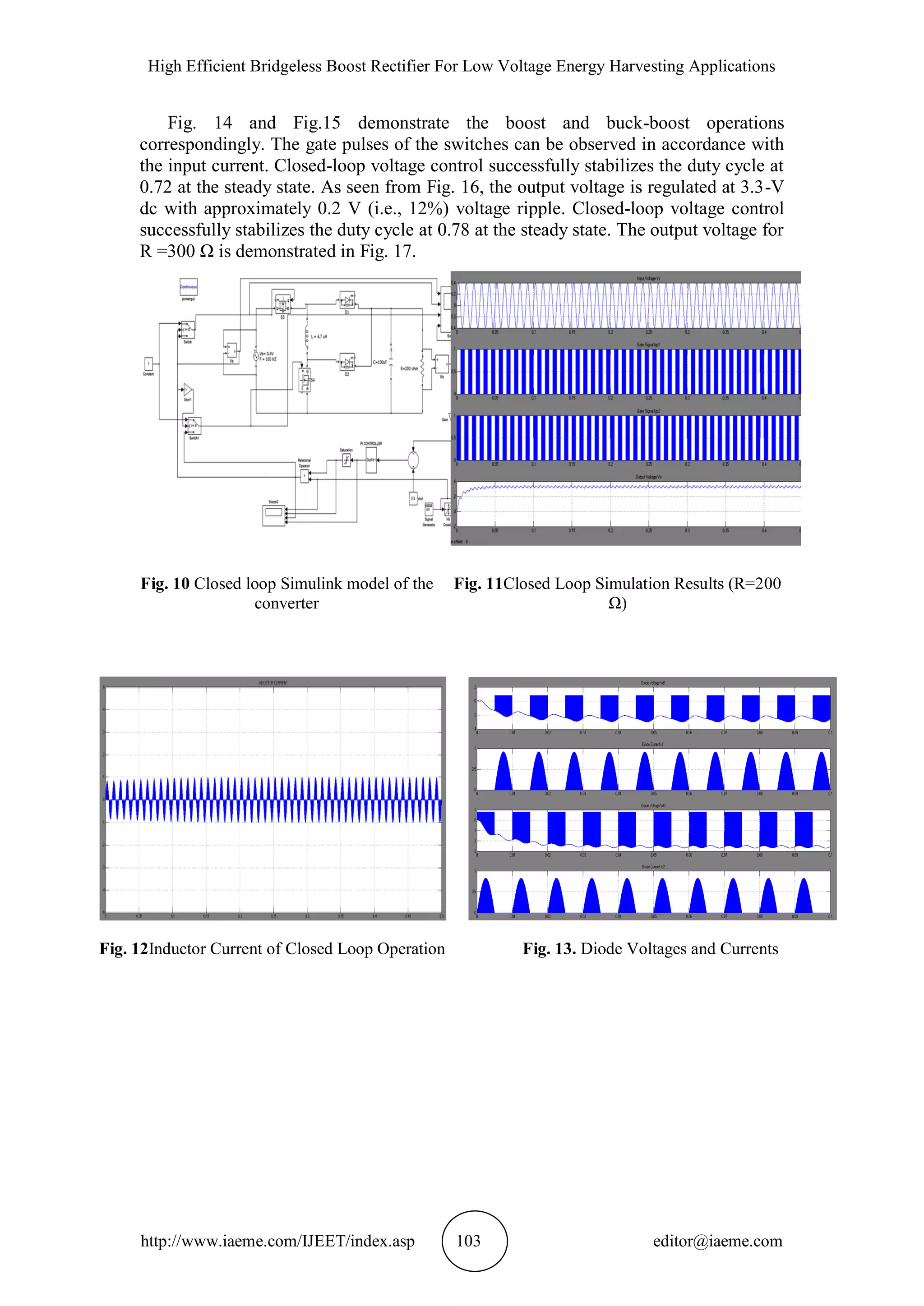 High Efficient Bridgeless Boost Rectifier For Low Voltage Energy Harvesting Applications
http://www.iaeme.com/IJEET/index.asp 103 editor@iaeme.com
Fig. 14 and Fig.15 demonstrate the boost and buck-boost operations
correspondingly. The gate pulses of the switches can be observed in accordance with
the input current. Closed-loop voltage control successfully stabilizes the duty cycle at
0.72 at the steady state. As seen from Fig. 16, the output voltage is regulated at 3.3-V
dc with approximately 0.2 V (i.e., 12%) voltage ripple. Closed-loop voltage control
successfully stabilizes the duty cycle at 0.78 at the steady state. The output voltage for
R =300 Ω is demonstrated in Fig. 17.
Fig. 10 Closed loop Simulink model of the
converter
Fig. 11Closed Loop Simulation Results (R=200
Ω)
Fig. 12Inductor Current of Closed Loop Operation Fig. 13. Diode Voltages and Currents
 