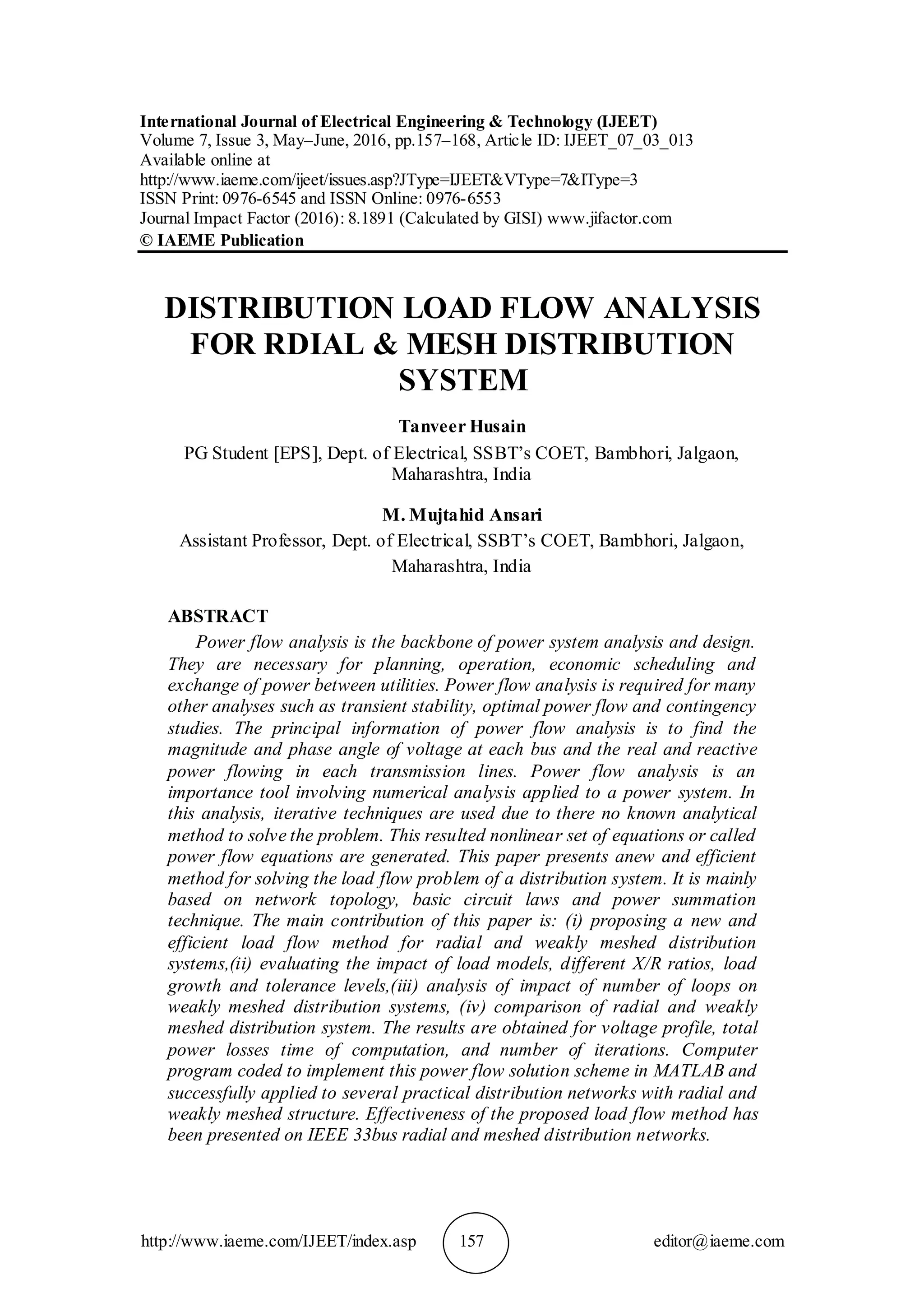 DISTRIBUTION LOAD FLOW ANALYSIS FOR RDIAL & MESH DISTRIBUTION SYSTEM | PDF