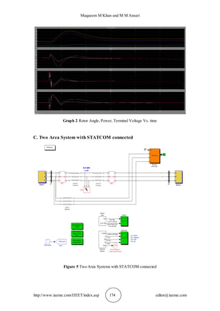 Muqueem M Khan and M M Ansari
http://www.iaeme.com/IJEET/index.asp 174 editor@iaeme.com
Graph 2 Rotor Angle, Power, Terminal Voltage Vs. time
C. Two Area System with STATCOM connected
Figure 5 Two Area Systems with STATCOM connected
 