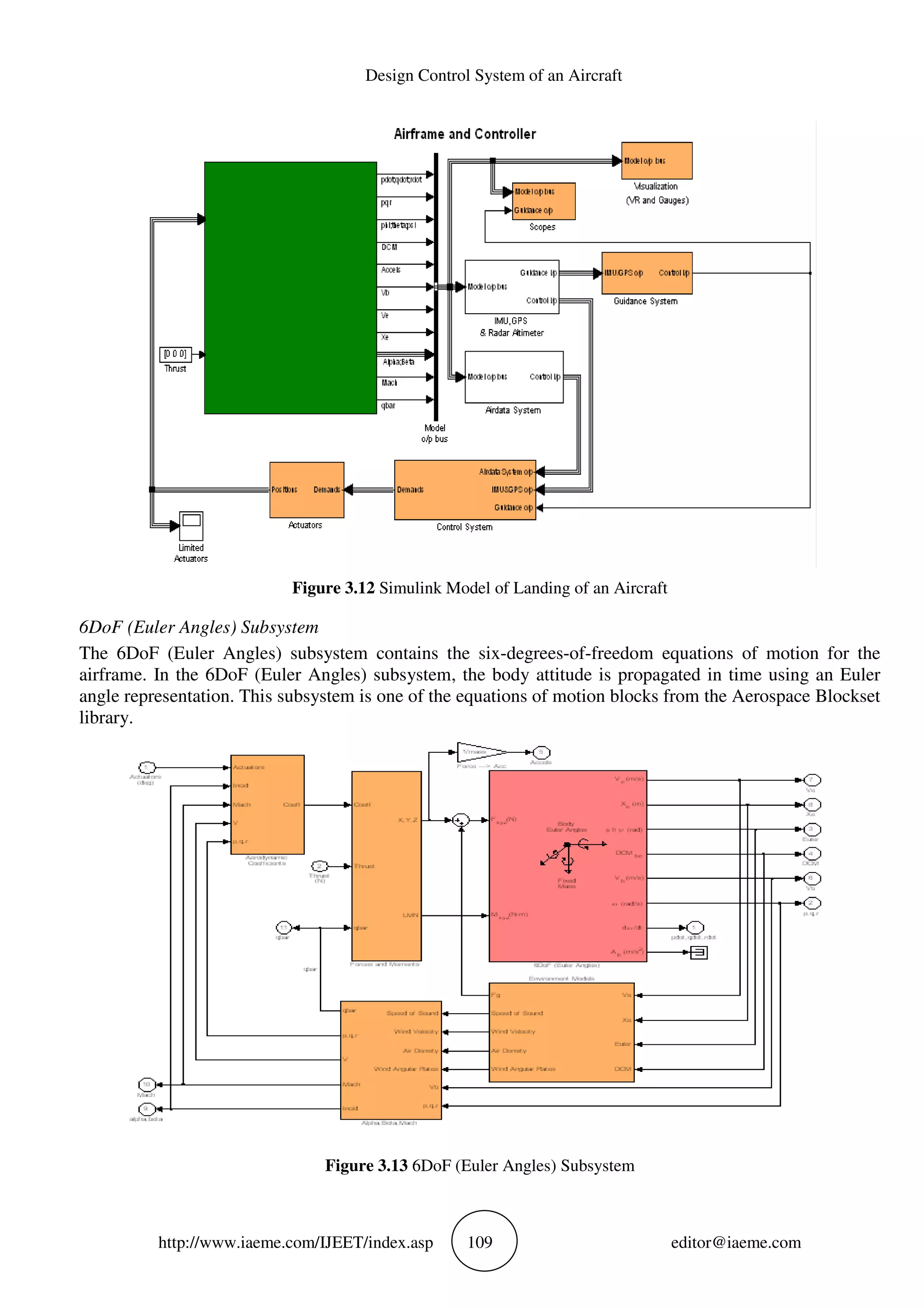 http://www.iaeme.com/IJEET
Figure 3.12
6DoF (Euler Angles) Subsystem
The 6DoF (Euler Angles) subsystem contains the six
airframe. In the 6DoF (Euler Angles) subsystem, the body attitude is propagated in time using an Euler
angle representation. This subsystem is one of the equations of motion blocks
library.
Figure 3.13
Design Control System of an Aircraft
EET/index.asp 109
Figure 3.12 Simulink Model of Landing of an Aircraft
subsystem contains the six-degrees-of-freedom equations of motion for the
airframe. In the 6DoF (Euler Angles) subsystem, the body attitude is propagated in time using an Euler
angle representation. This subsystem is one of the equations of motion blocks from the Aerospace Blockset
Figure 3.13 6DoF (Euler Angles) Subsystem
editor@iaeme.com
freedom equations of motion for the
airframe. In the 6DoF (Euler Angles) subsystem, the body attitude is propagated in time using an Euler
from the Aerospace Blockset
 