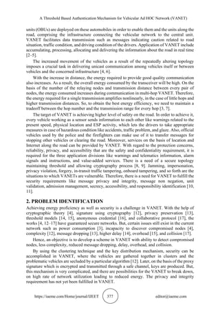 A THRESHOLD BASED AUTHENTICATION MECHANISM FOR VEHICULAR AD HOC NETWORK ...