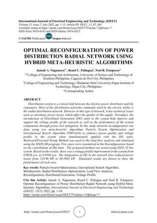 OPTIMAL RECONFIGURATION OF POWER DISTRIBUTION RADIAL NETWORK USING HYBRID META-HEURISTIC ALGORITHMS