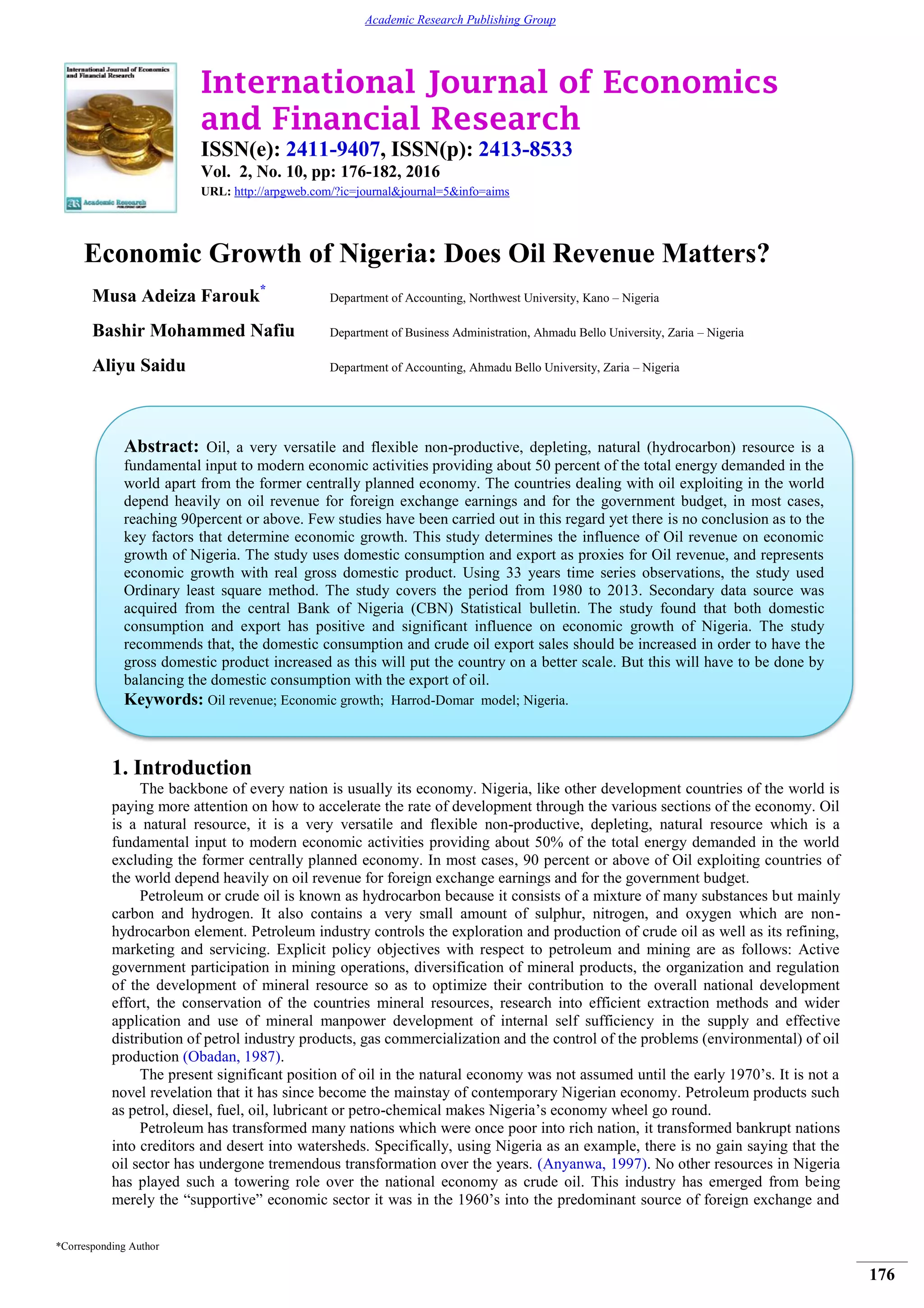 Economic Growth of Nigeria: Does Oil Revenue Matters? | PDF