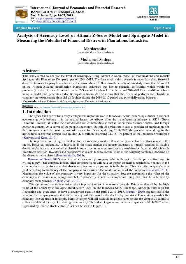 Analysis Of Accuracy Level Of Altman Z Score Model And Springate Mode