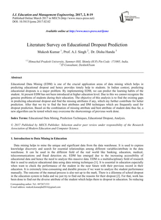 Literature Survey on Educational Dropout Prediction | PDF