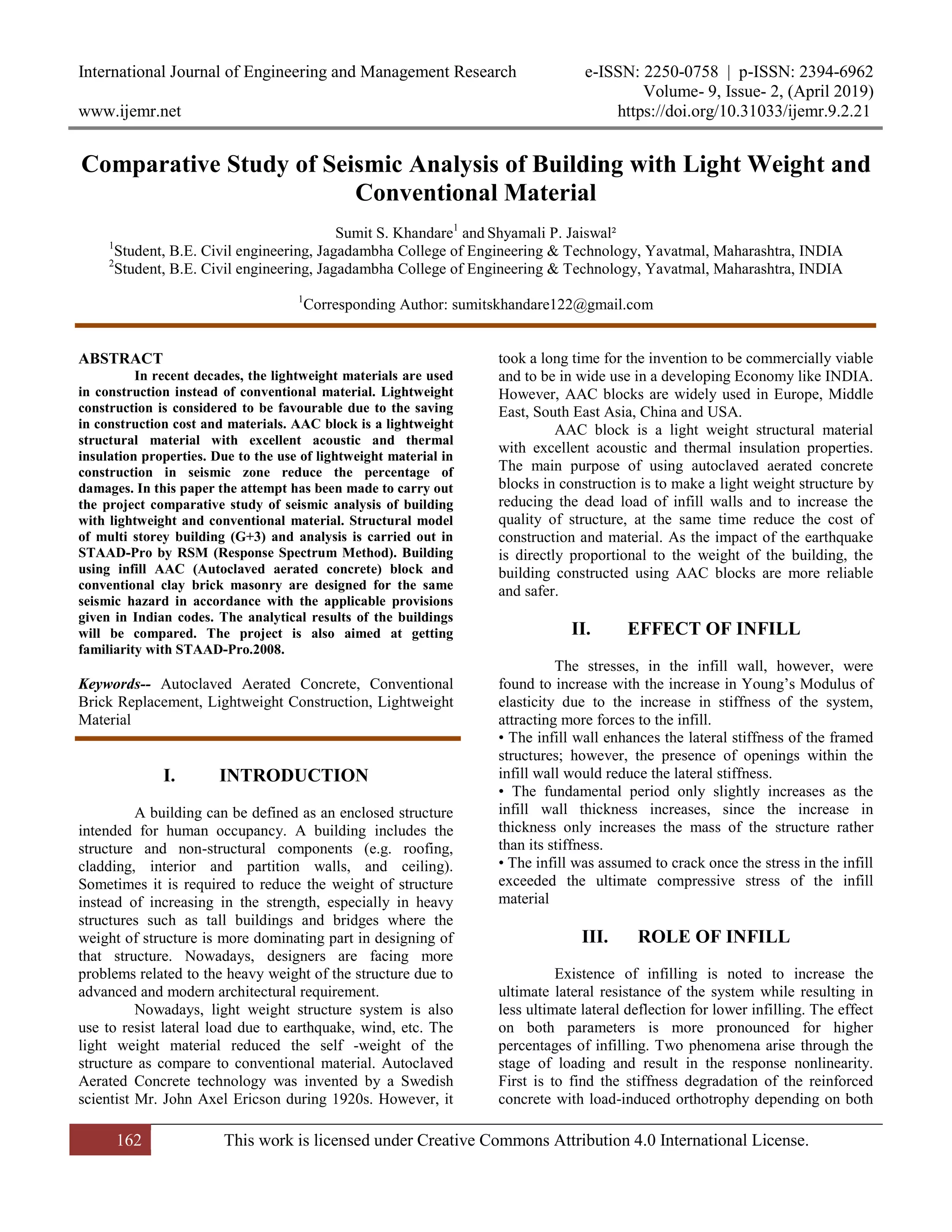 Comparative Study of Seismic Analysis of Building with Light Weight and ...