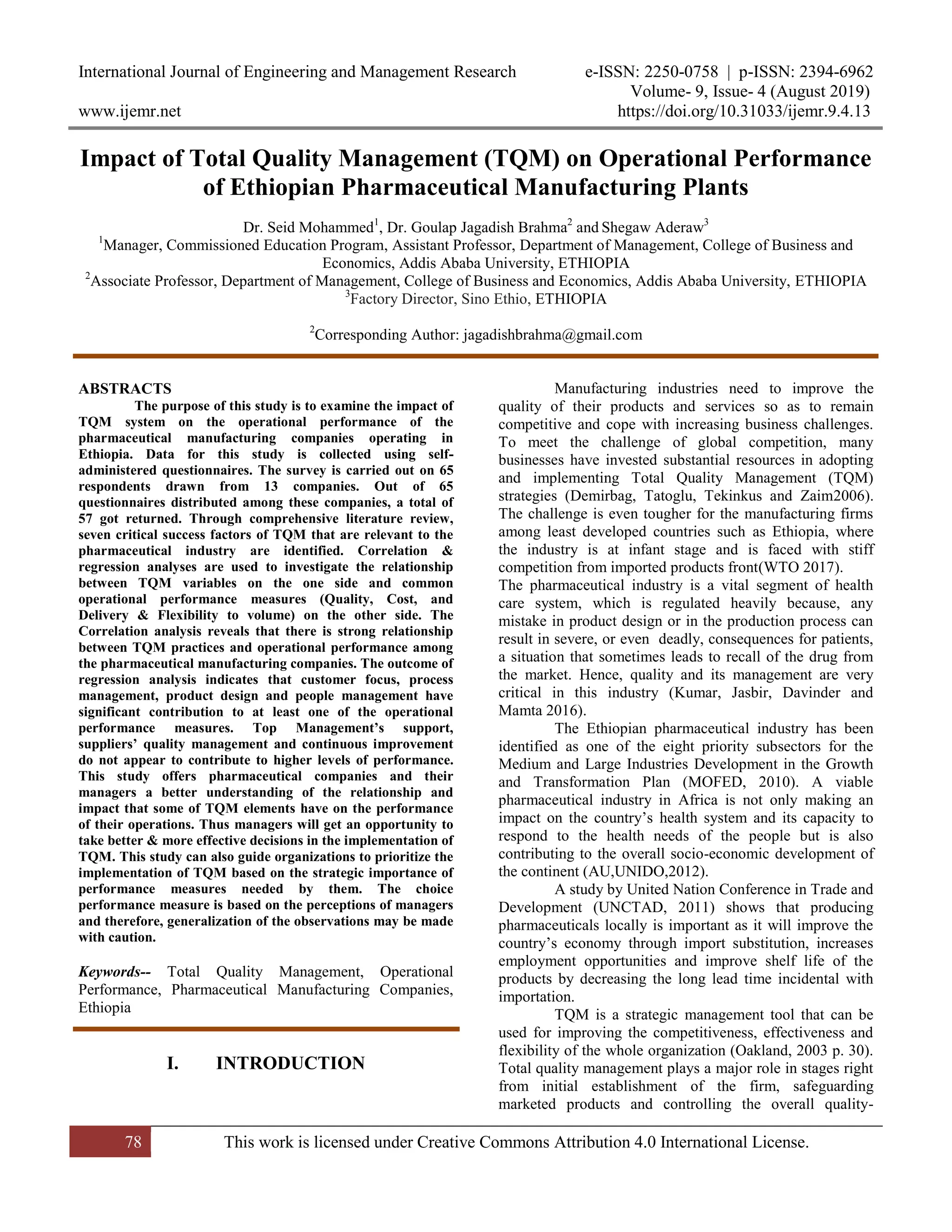 Impact of Total Quality Management (TQM) on Operational Performance of ...