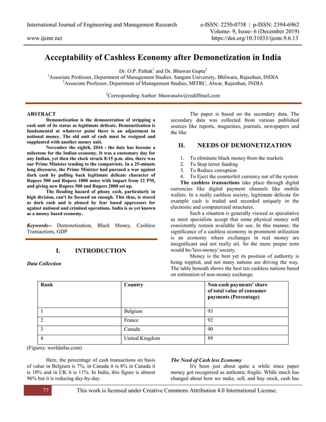 Acceptability of Cashless Economy after Demonetization in India | PDF