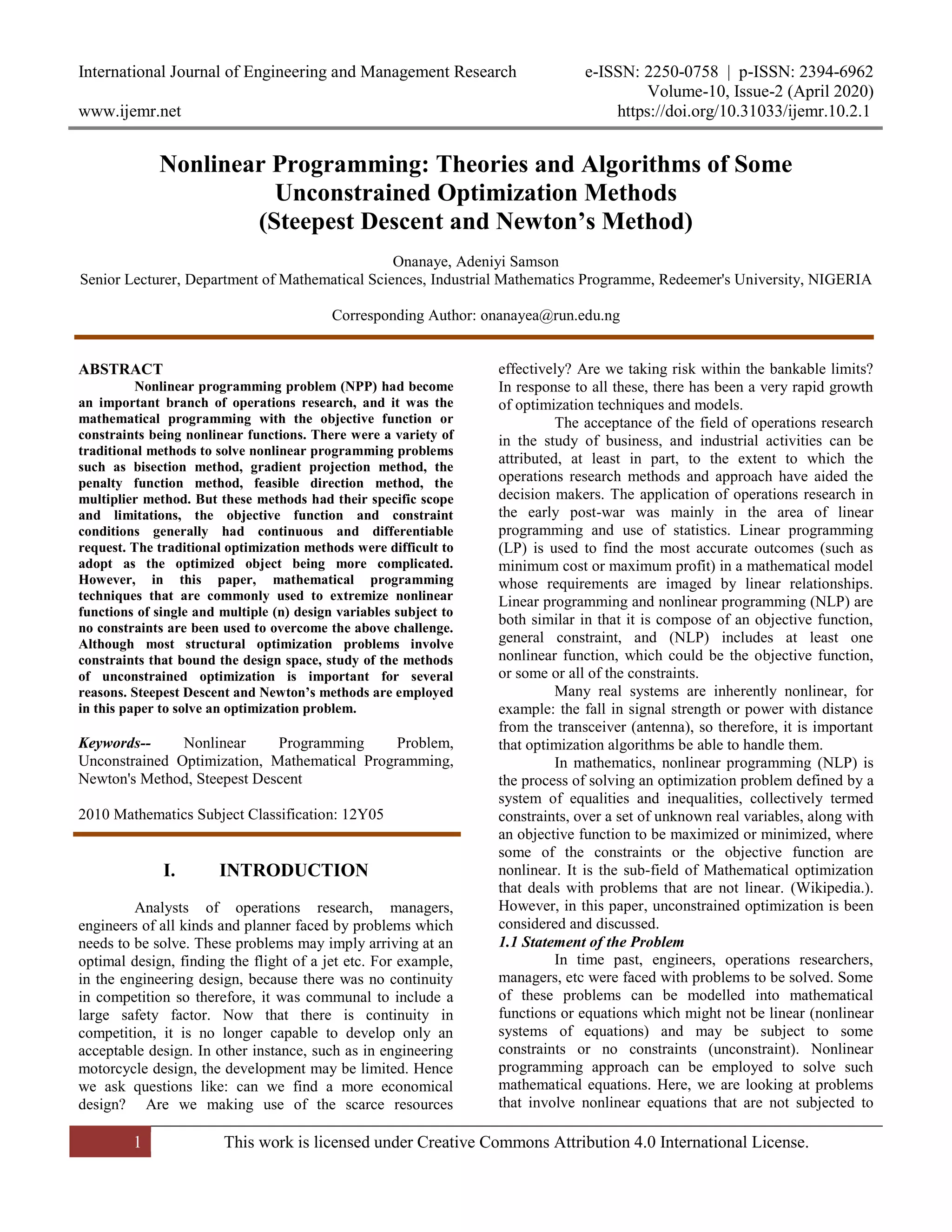 Nonlinear Programming: Theories and Algorithms of Some Unconstrained ...
