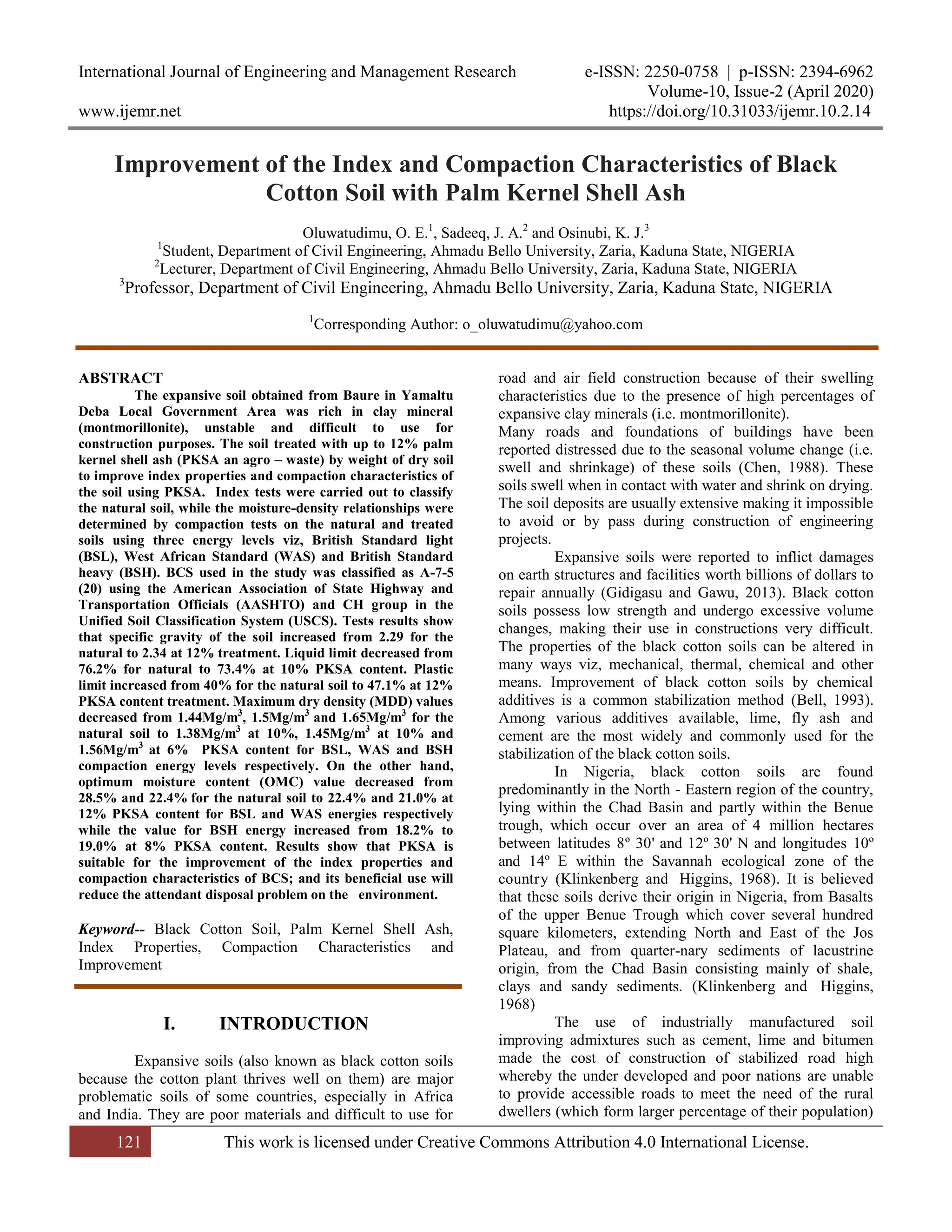 Improvement of the Index and Compaction Characteristics of Black Cotton ...