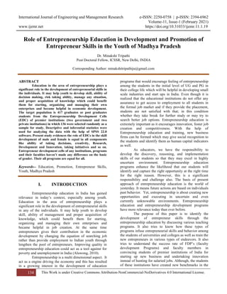 Role of Entrepreneurship Education in Development and Promotion of ...